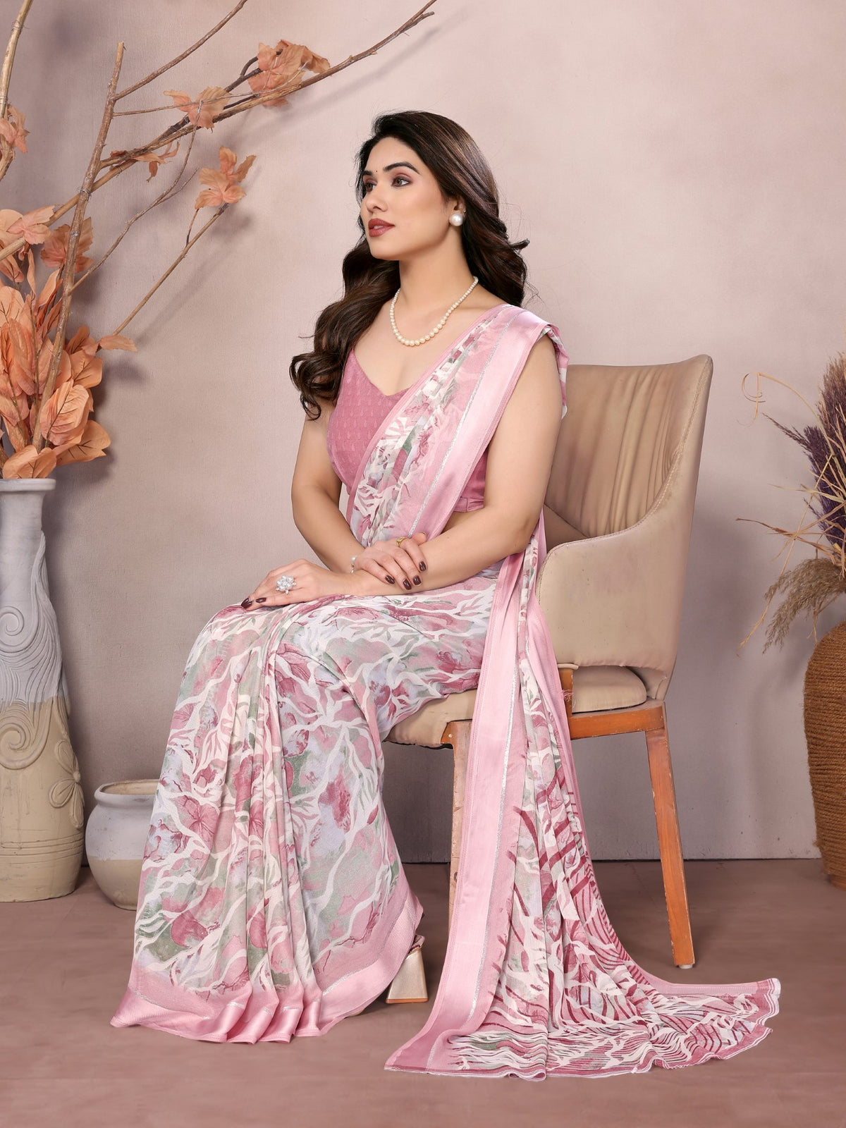 Peach Bright Moss Satin Patta Saree With Printed