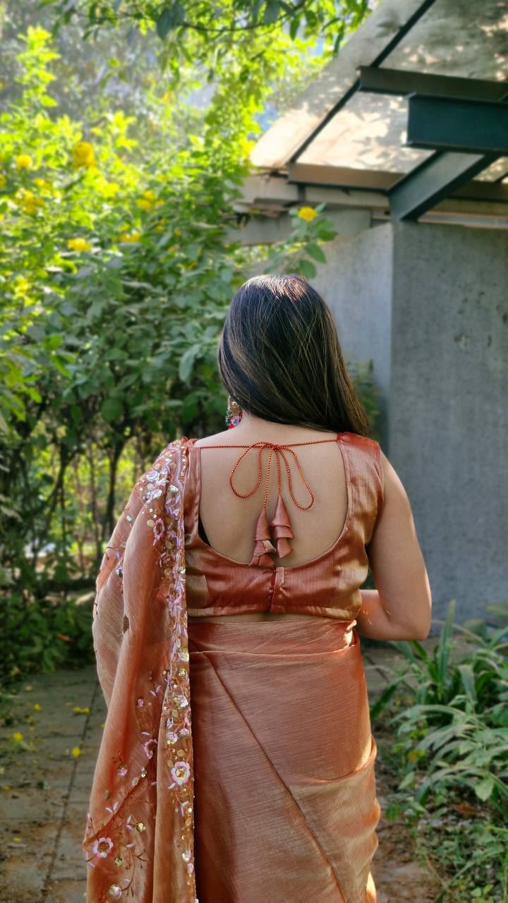 Peach Colour Burbary Silk Embroidery Work Saree