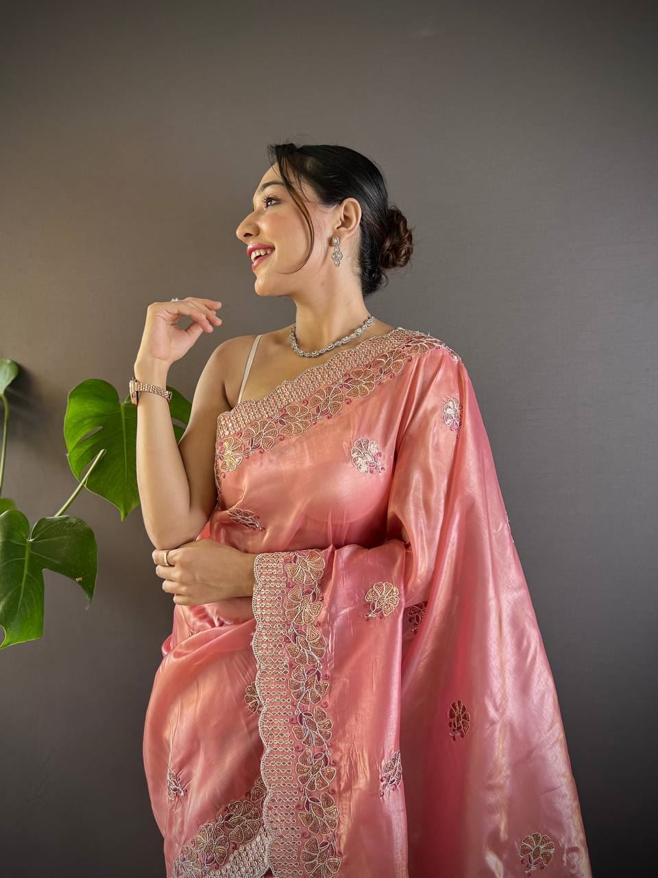 Peach Colour Gold Crush Embroidery Work Saree