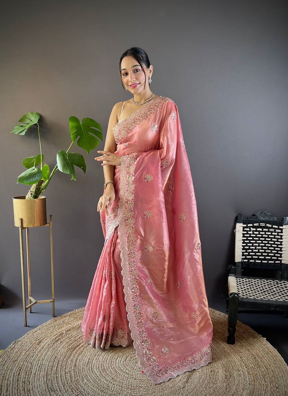 Peach Colour Gold Crush Embroidery Work Saree