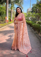 Peach  Colour Twill Net Designer Embroidery Work Saree