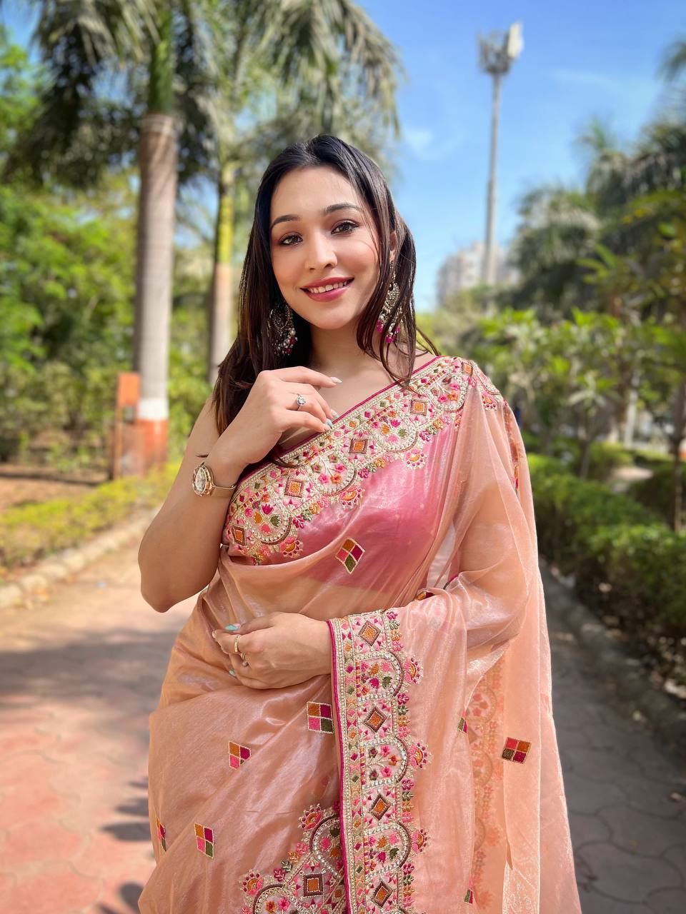 Peach  Colour Twill Net Designer Embroidery Work Saree