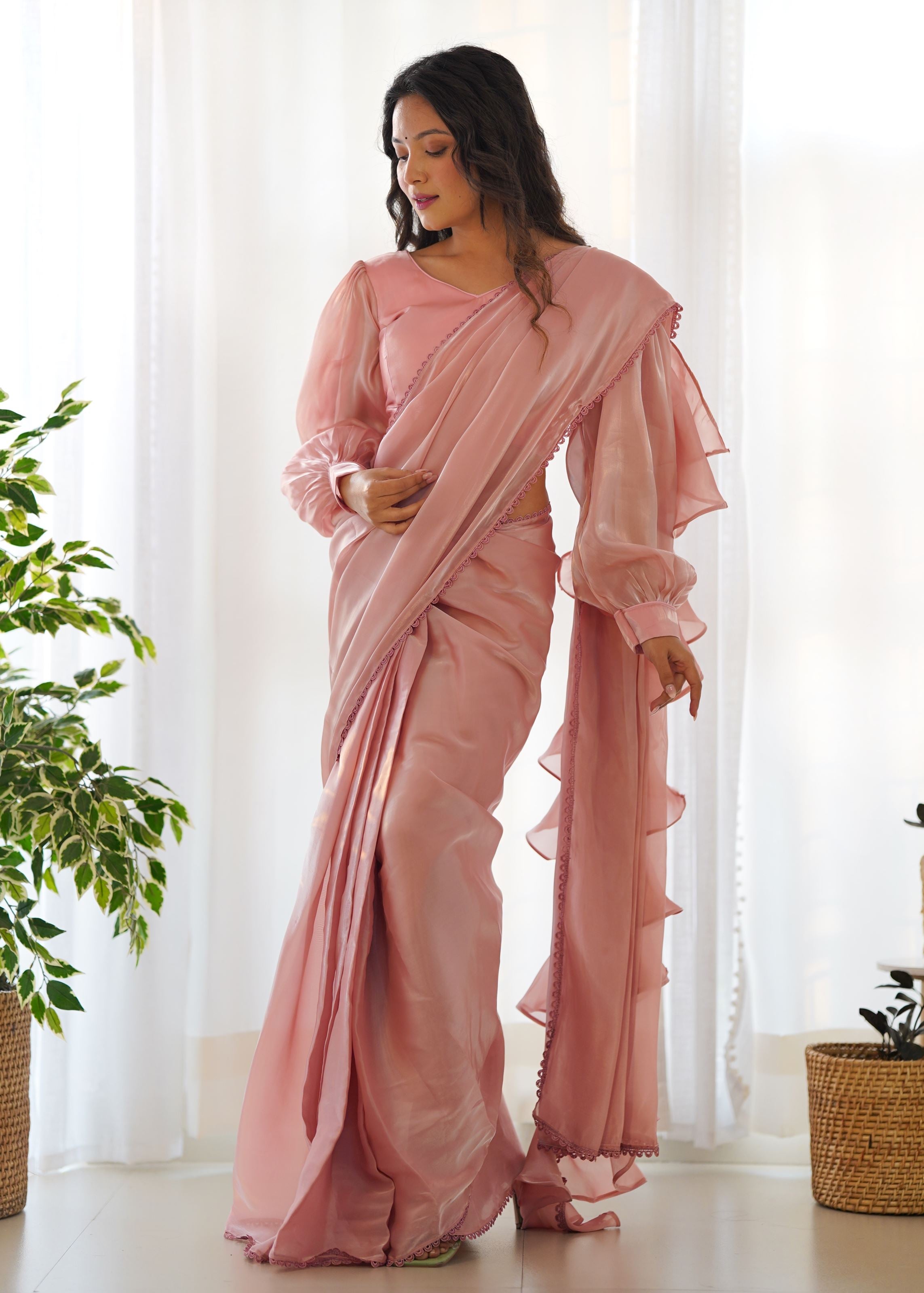 Peach Colour Zimichhu Silk Fully Stitched Ready To Wear Saree