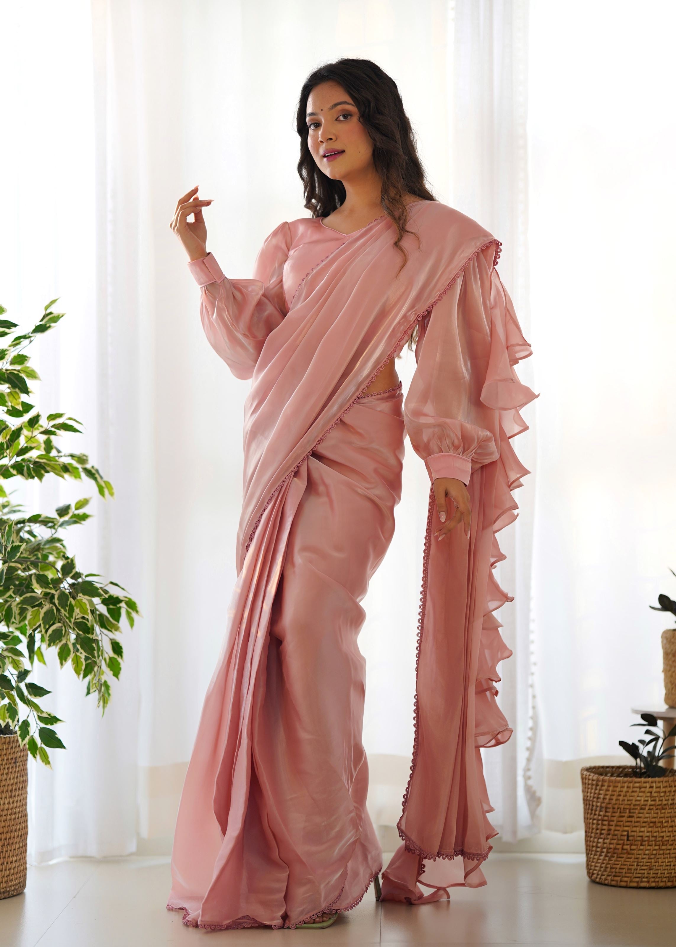Peach Colour Zimichhu Silk Fully Stitched Ready To Wear Saree