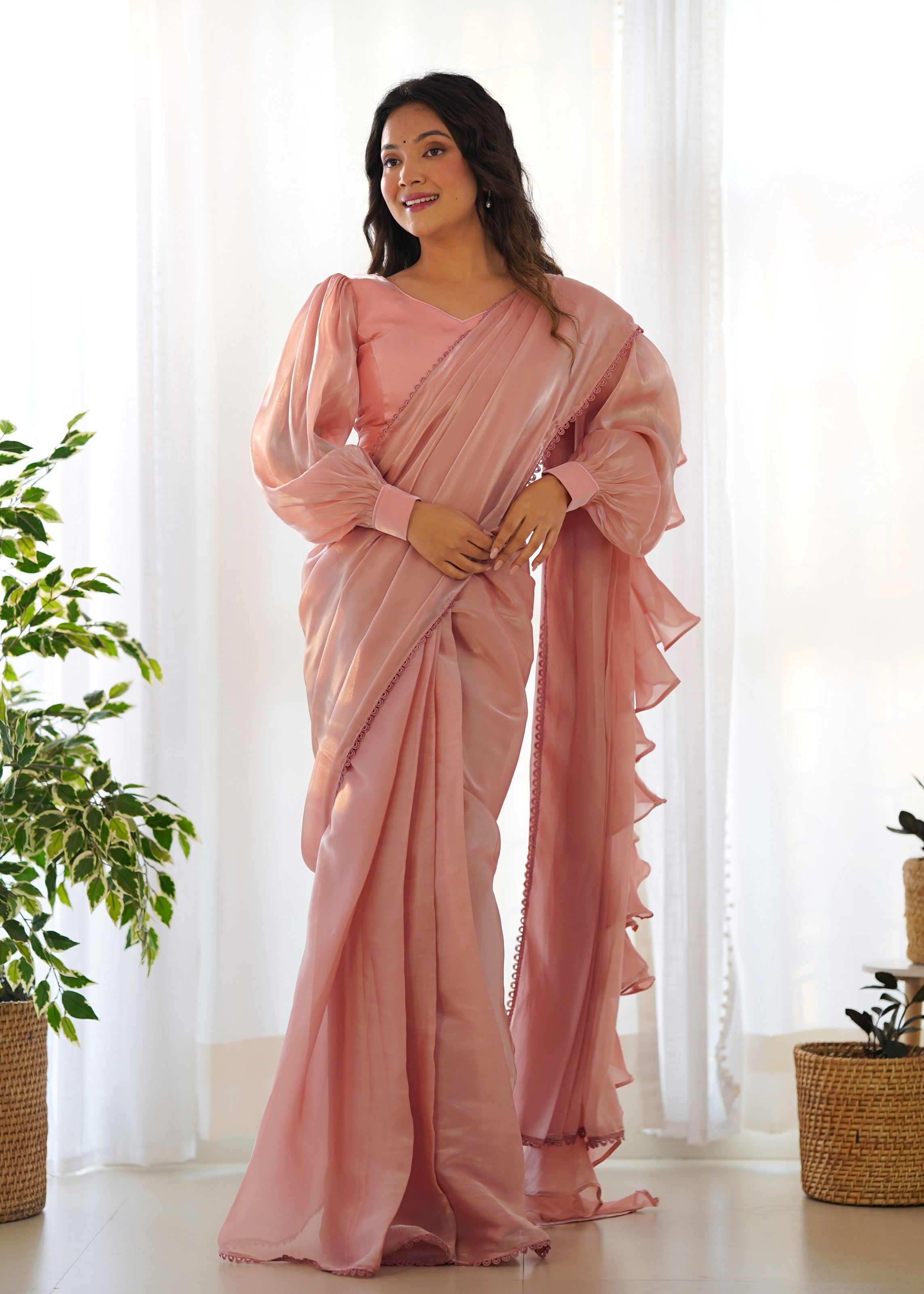 Peach Colour Zimichhu Silk Fully Stitched Ready To Wear Saree