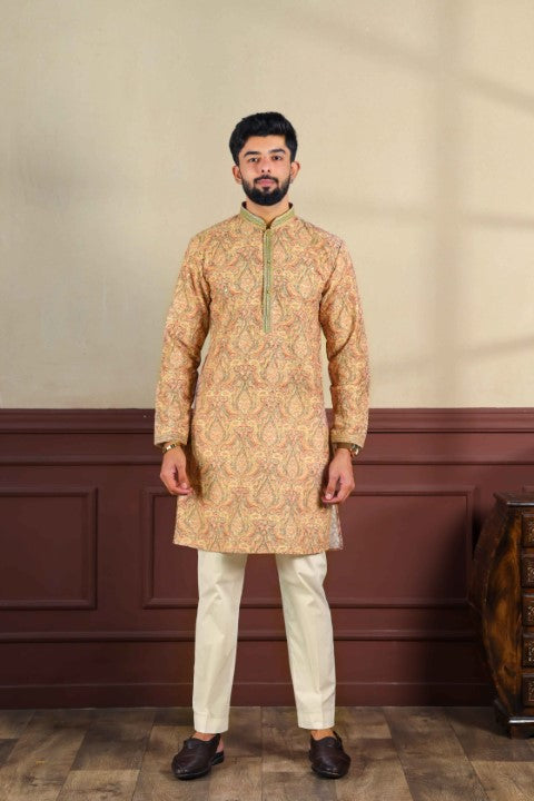 Peach Cotton Blend Kurta Pajama with Abstract Print