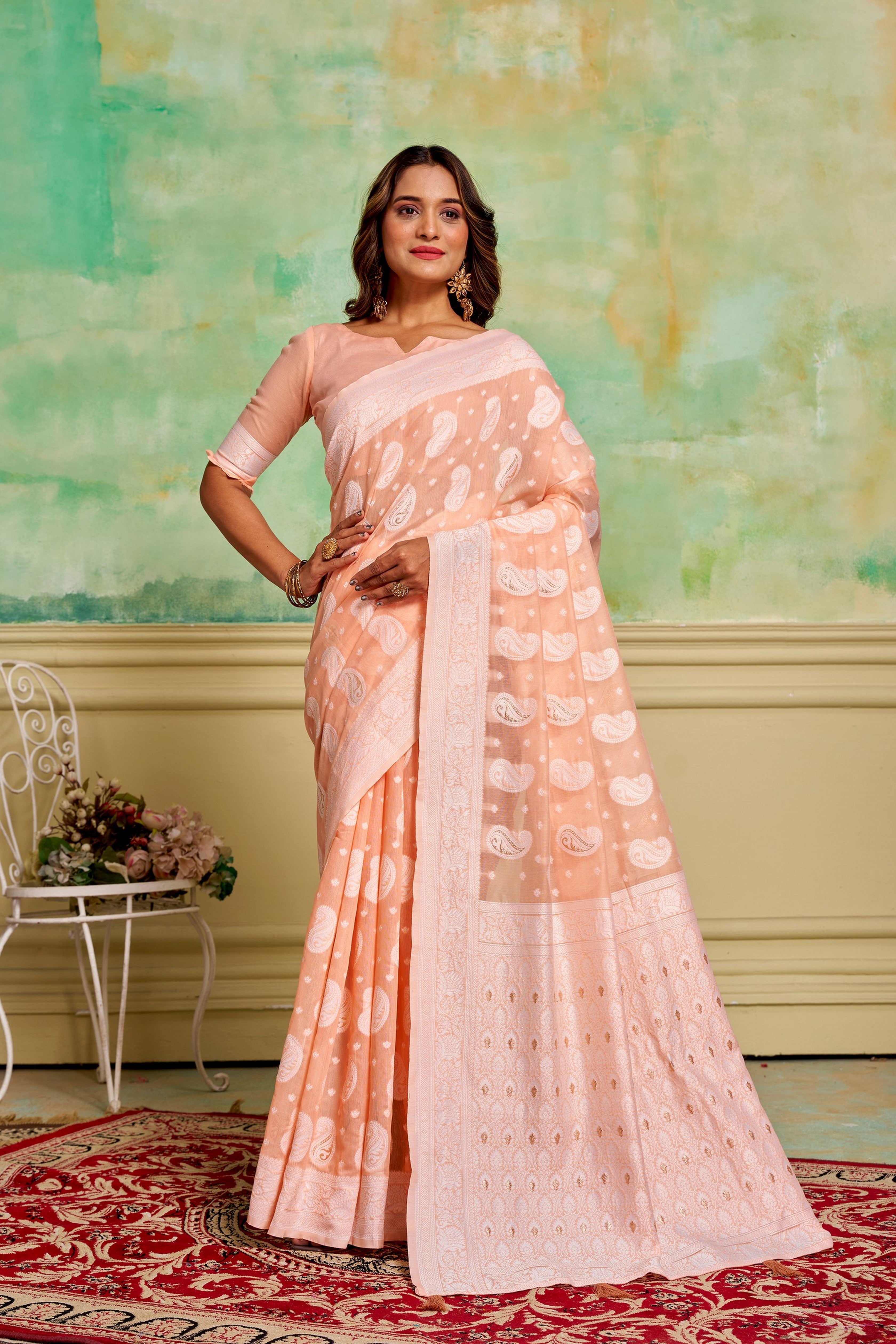 Peach Cotton Fabric Woven Designer Ethnic Festive Wear Saree