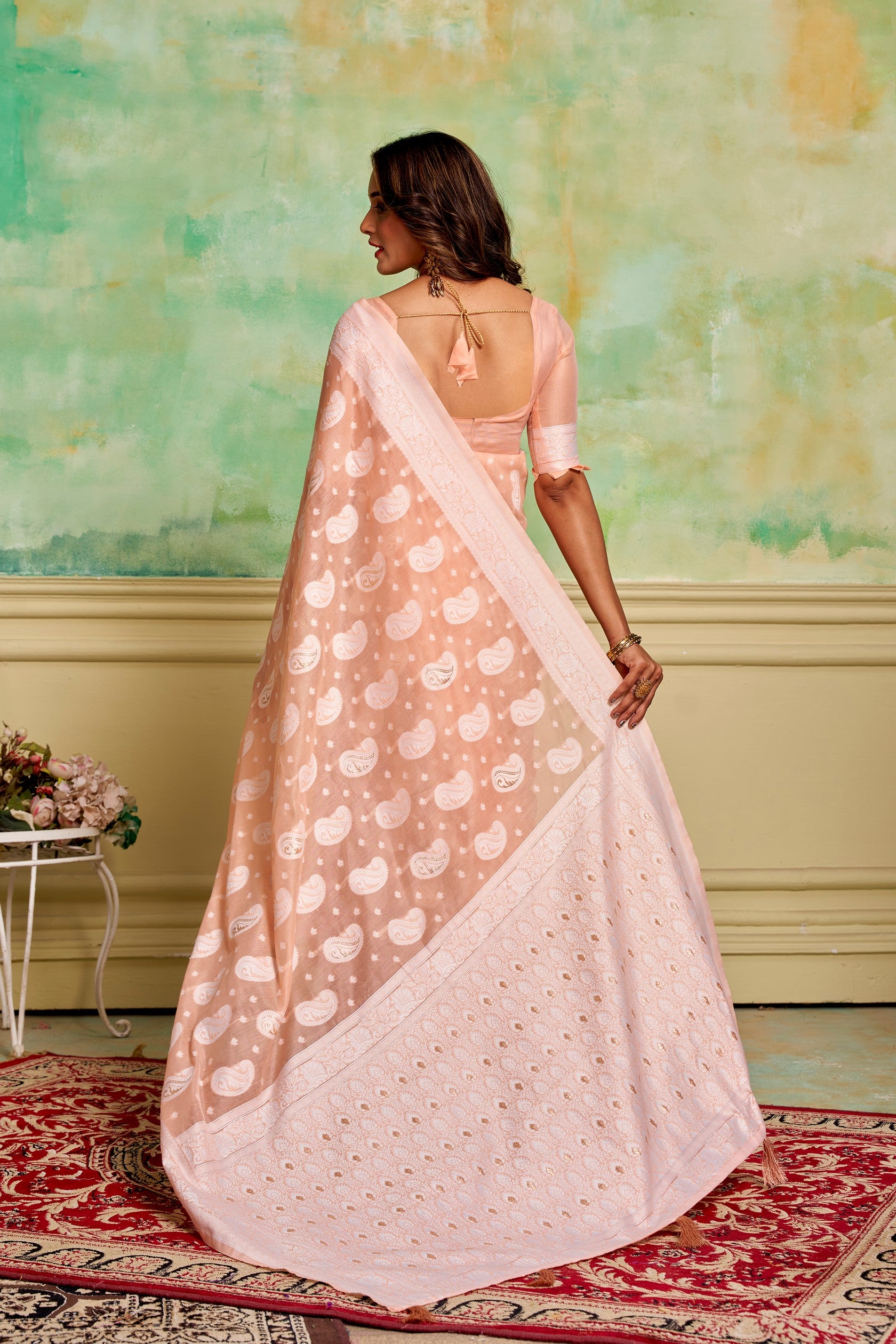 Peach Cotton Fabric Woven Designer Ethnic Festive Wear Saree