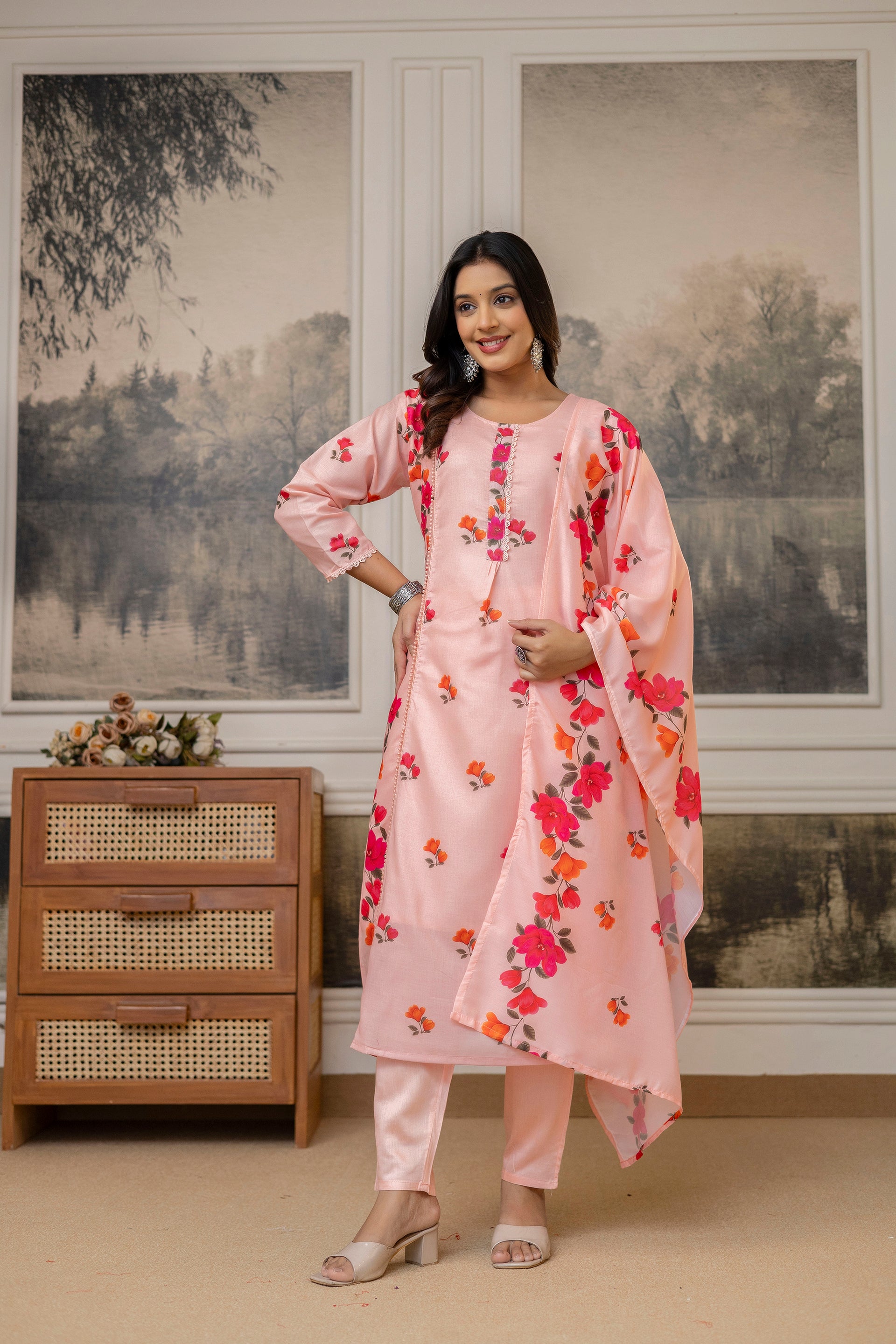 Peach Cotton Kurta Pant Set  Printed