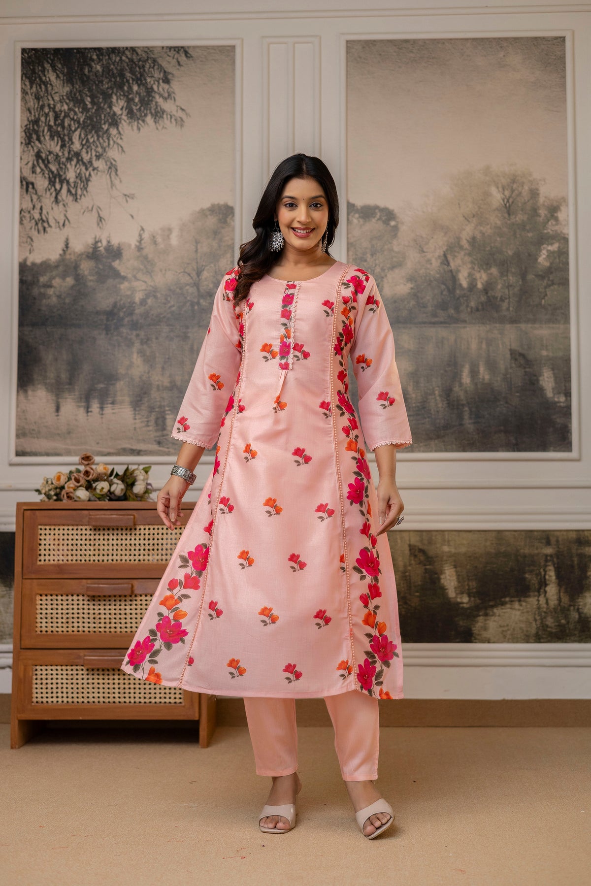 Peach Cotton Kurta Pant Set  Printed