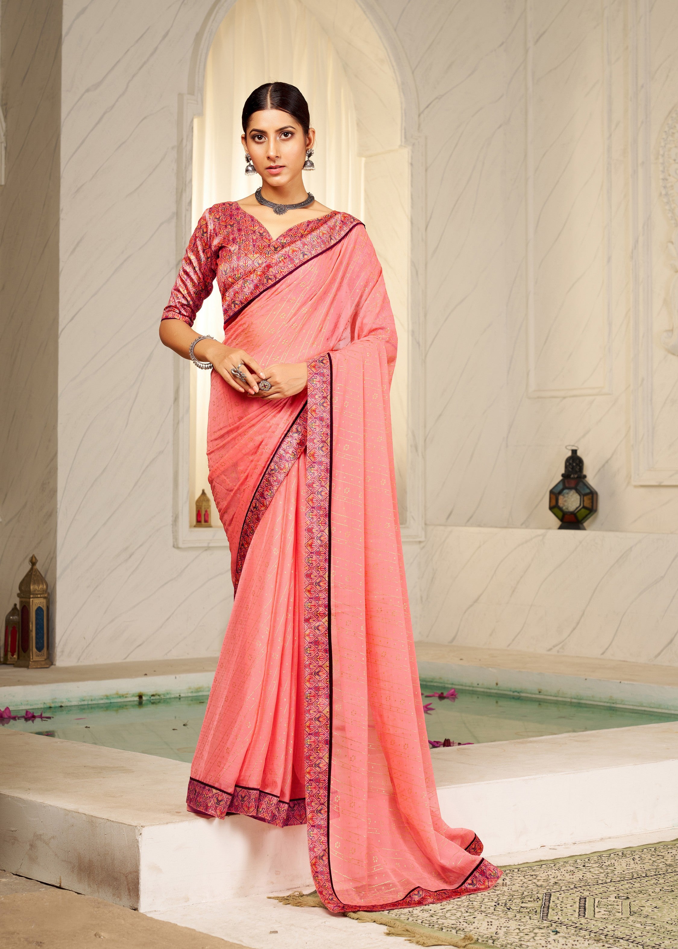 Peach Designer Digital Foil Printed Bollywood Style Chiffon Saree
