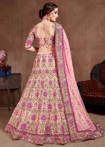 Peach Embroidered Taffeta Silk Bridal Wear Lehenga Choli