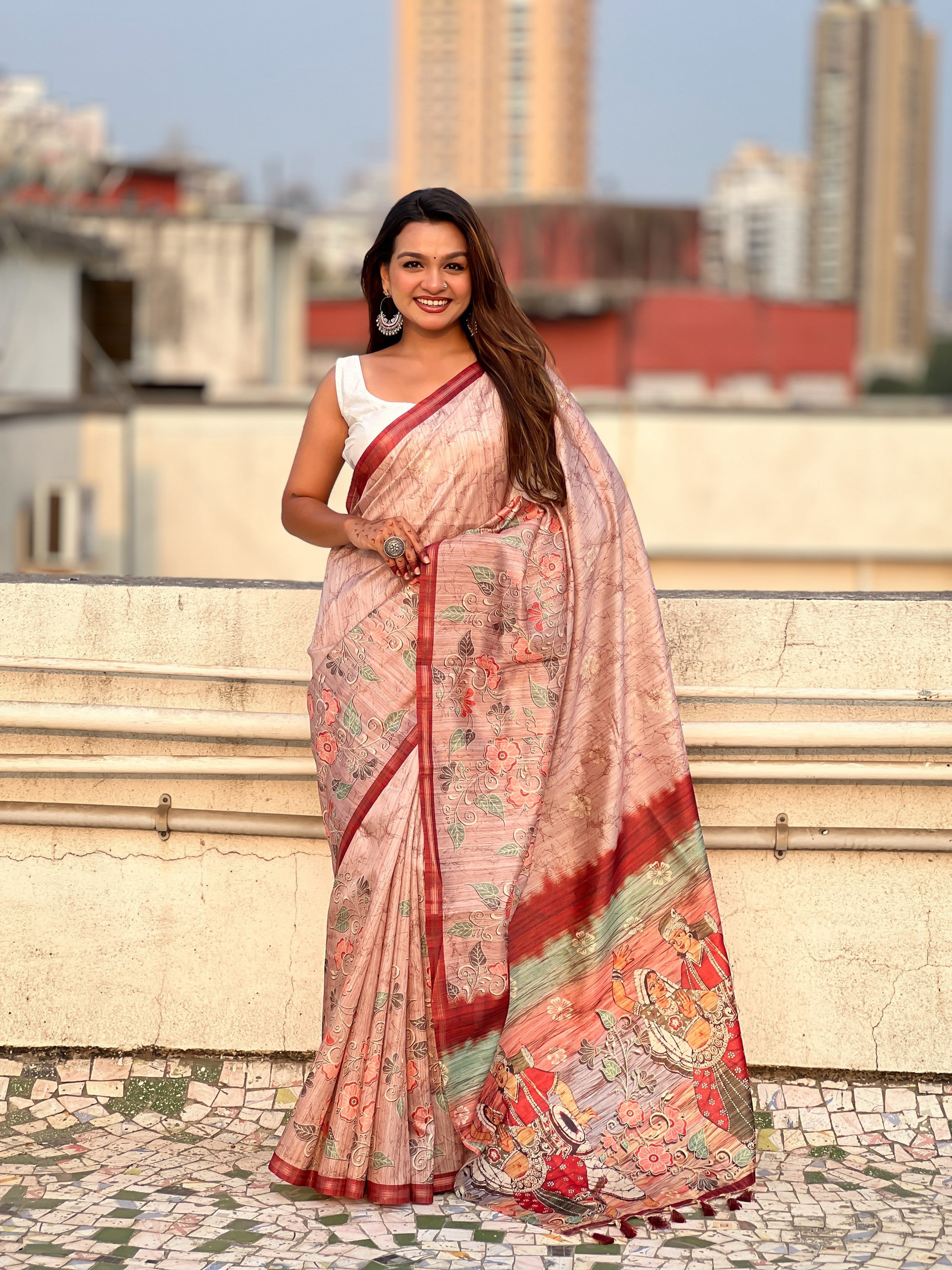 Peach Ethnic Katki Silk Woven Designer And Floral Printed Saree