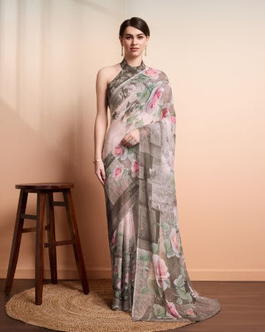 Peach Faux Georgette Saree With Designer Print Style