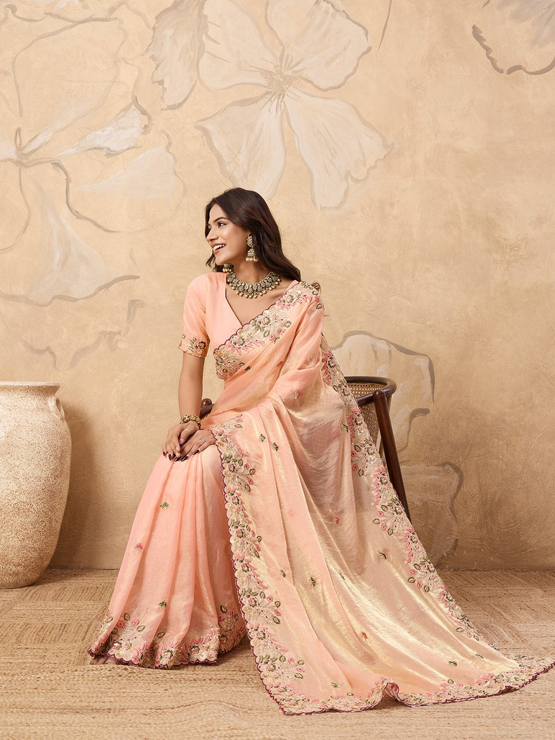 Peach Fendy Chiffon Saree With Designer Embroidery