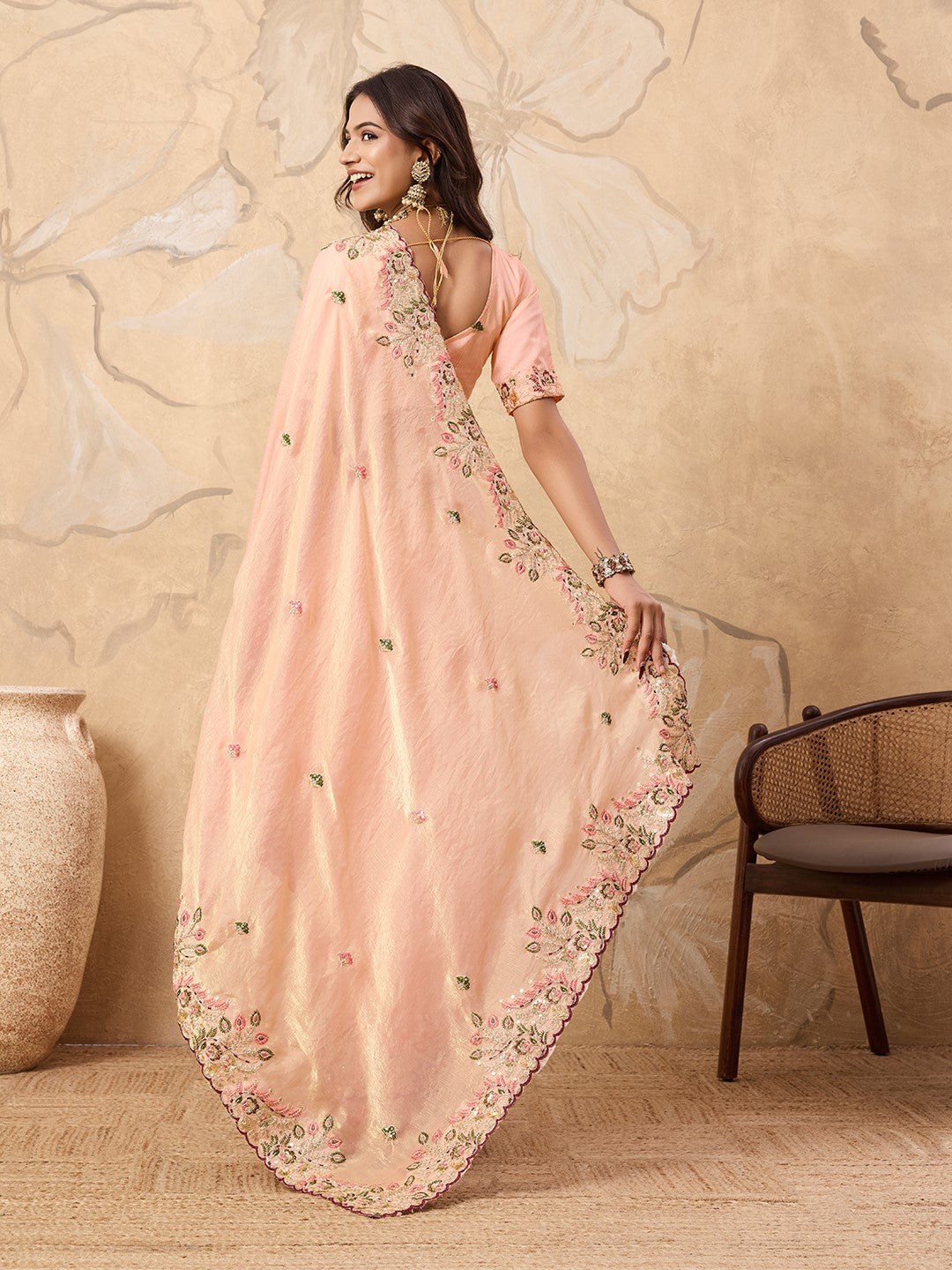 Peach Fendy Chiffon Saree With Designer Embroidery