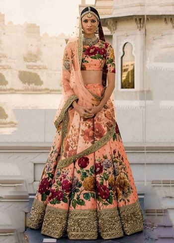 Peach Floral Digital Printed Art Silk Bridal Lehenga Choli