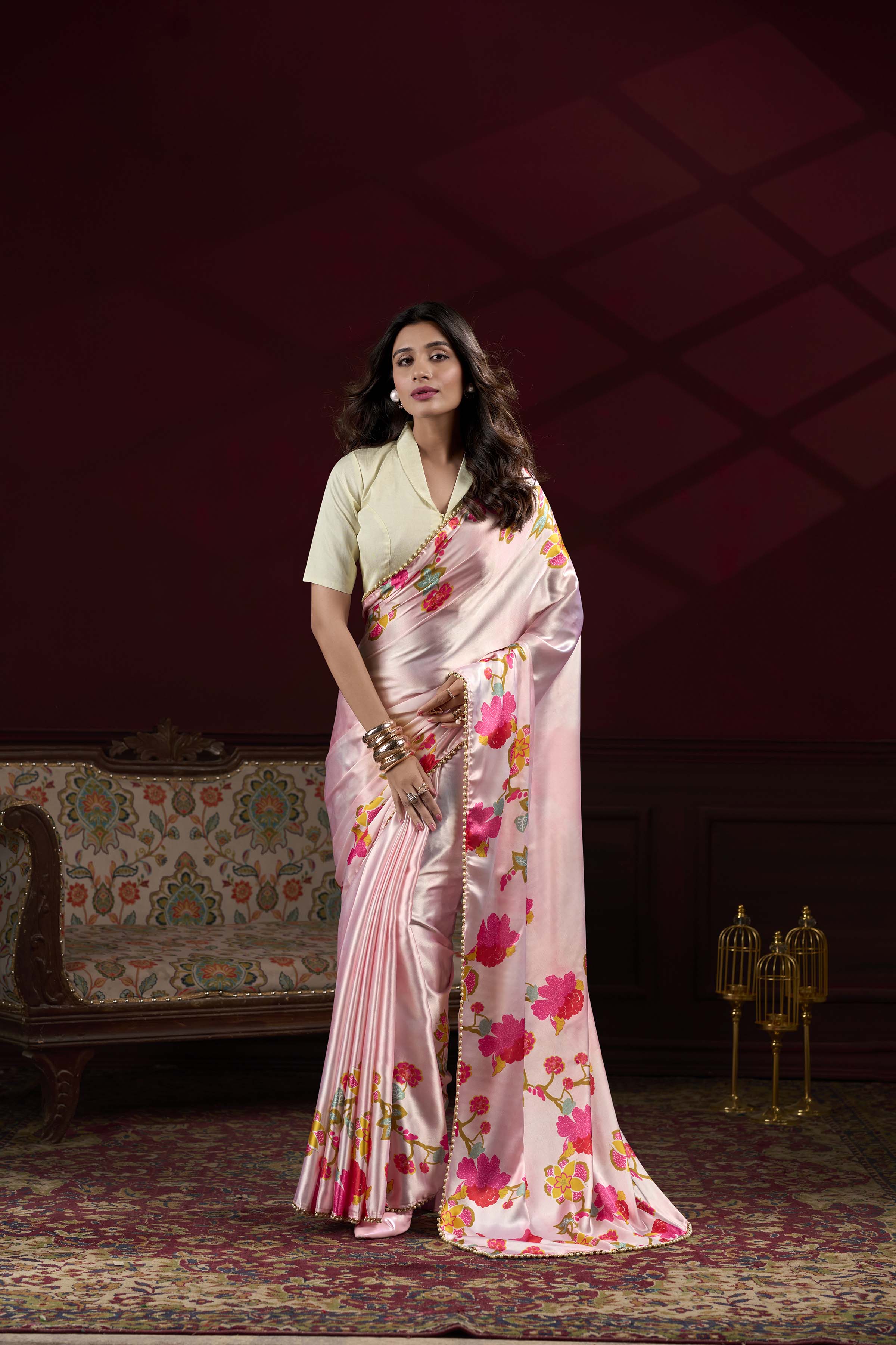 Peach Floral Printed Satin Silk Saree with Pearl Lace Border