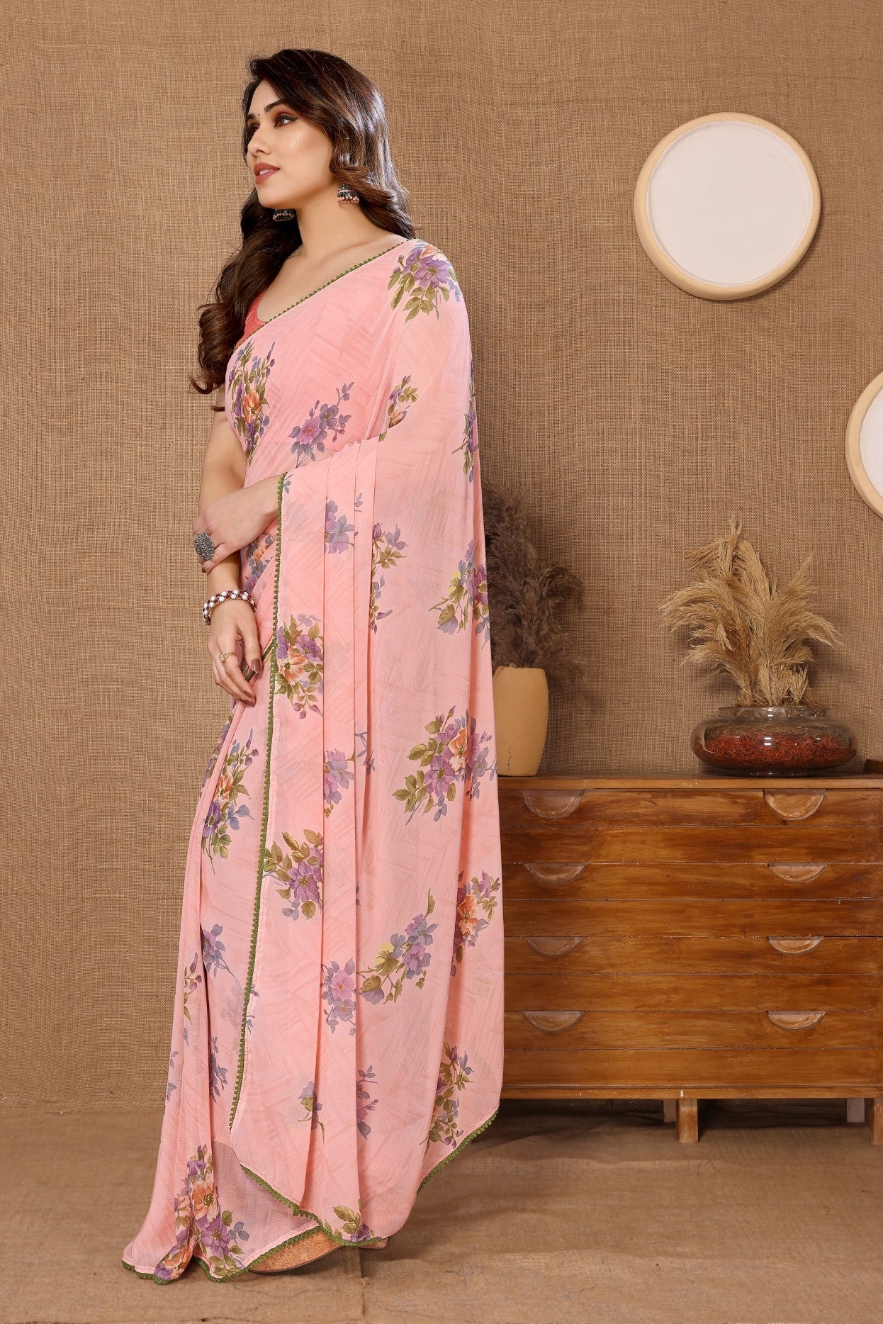 Peach Georgette Ready-to-Wear Printed Saree with Lace