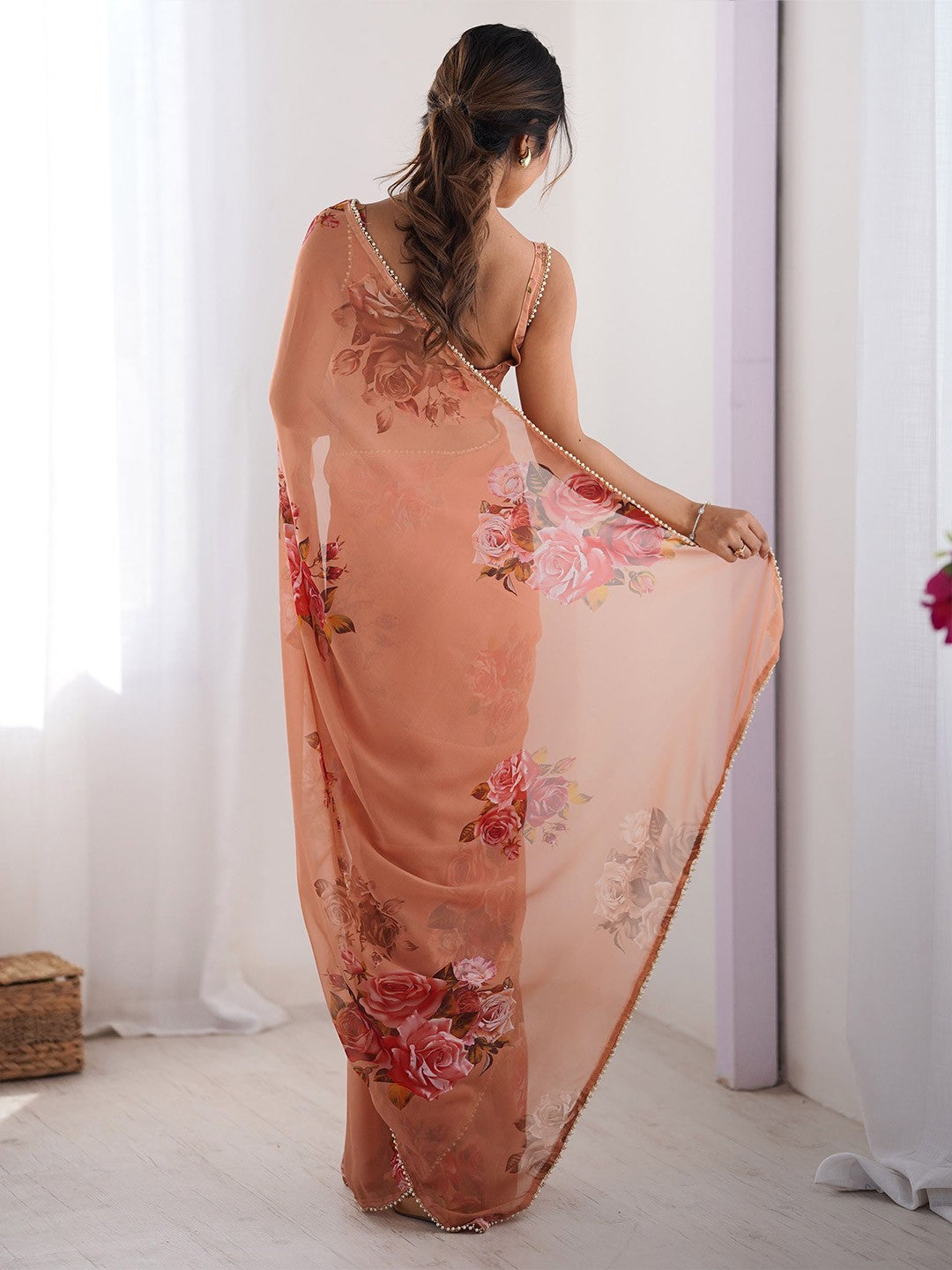 Peach Georgette Saree With Digital Print And Moti Lace