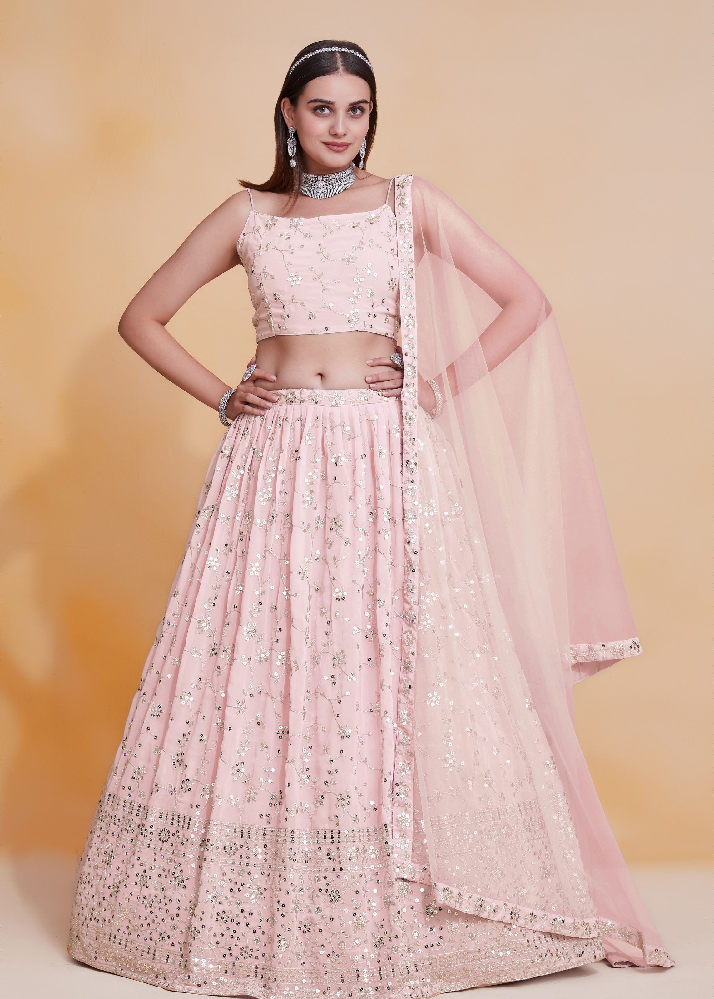 Peach  Georgette Sequence Embroidery Work Lehenga Choli
