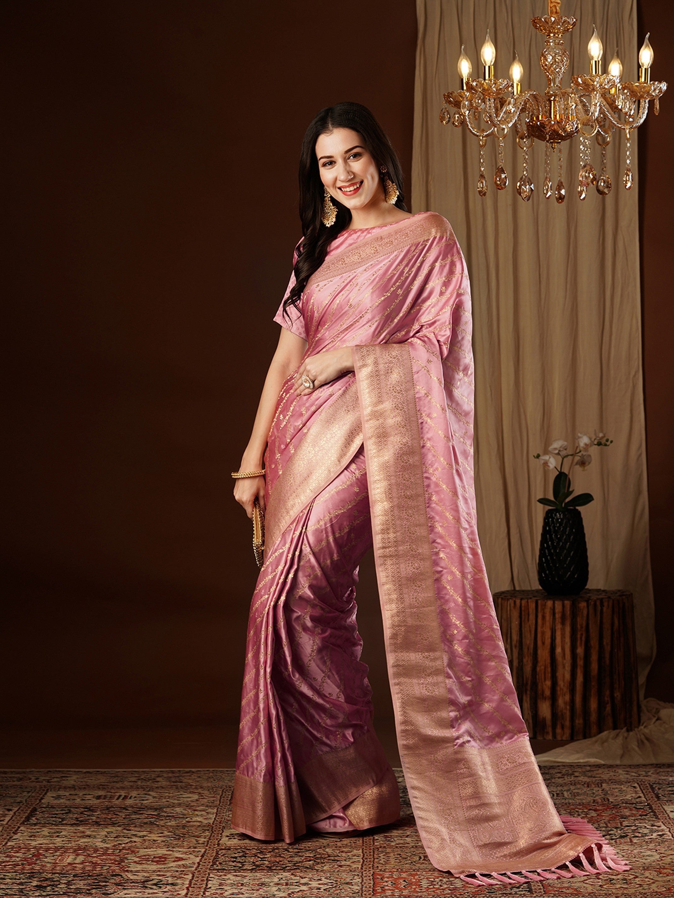 Peach Glamorous Jacquard Designer Satin Silk Saree