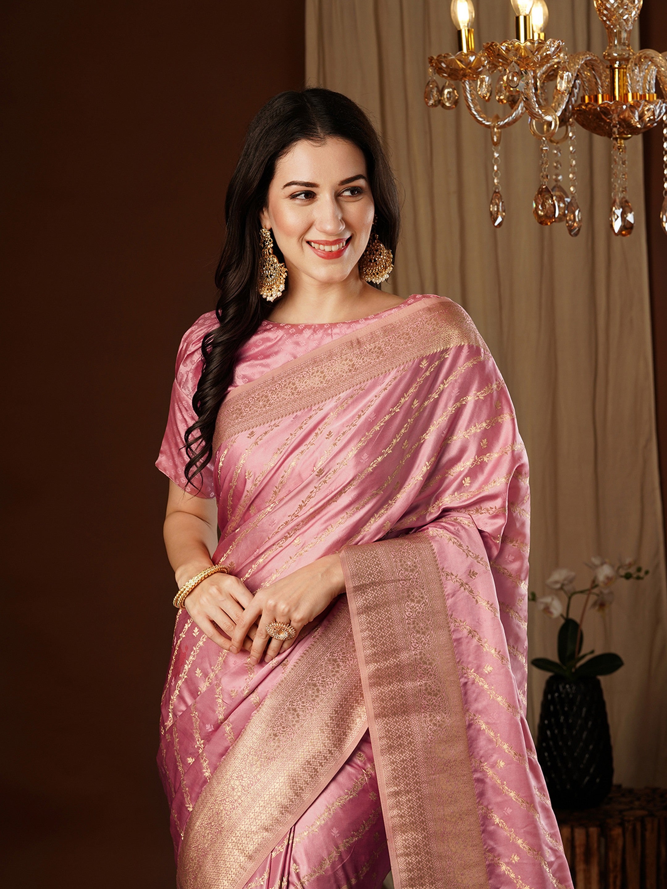 Peach Glamorous Jacquard Designer Satin Silk Saree