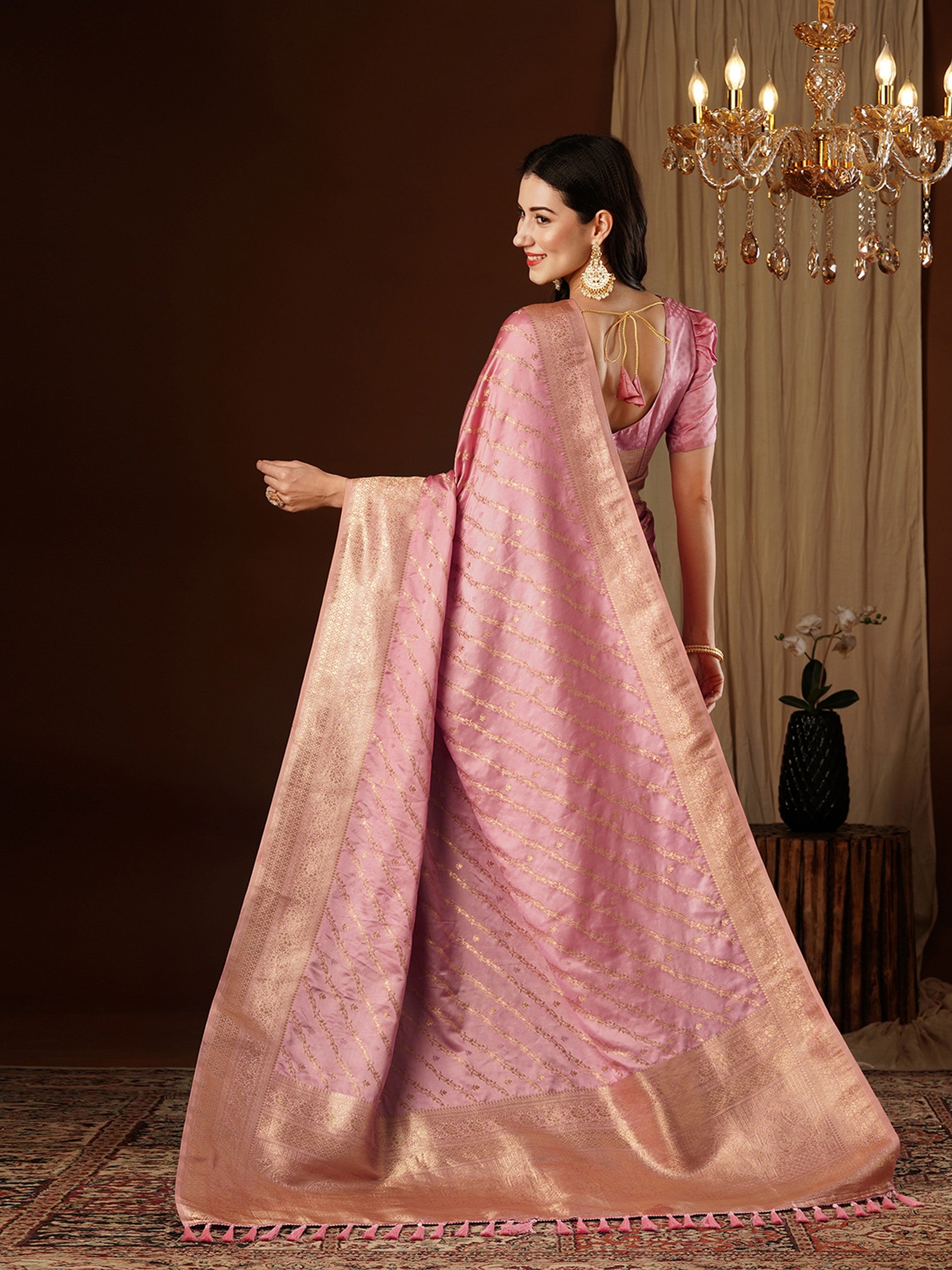 Peach Glamorous Jacquard Designer Satin Silk Saree