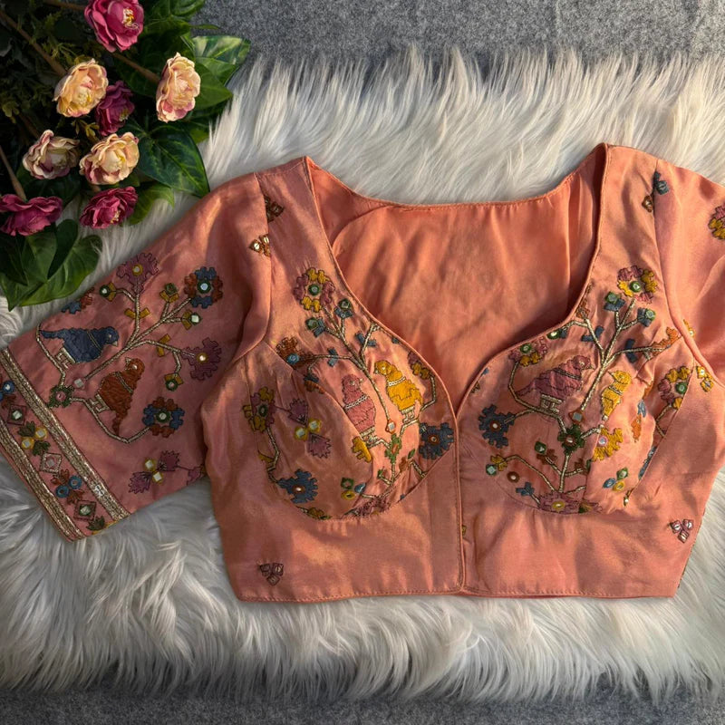 Peach Glow Bird Motif Mirror Work Blouse  Cosmos Silk Designer Partywear