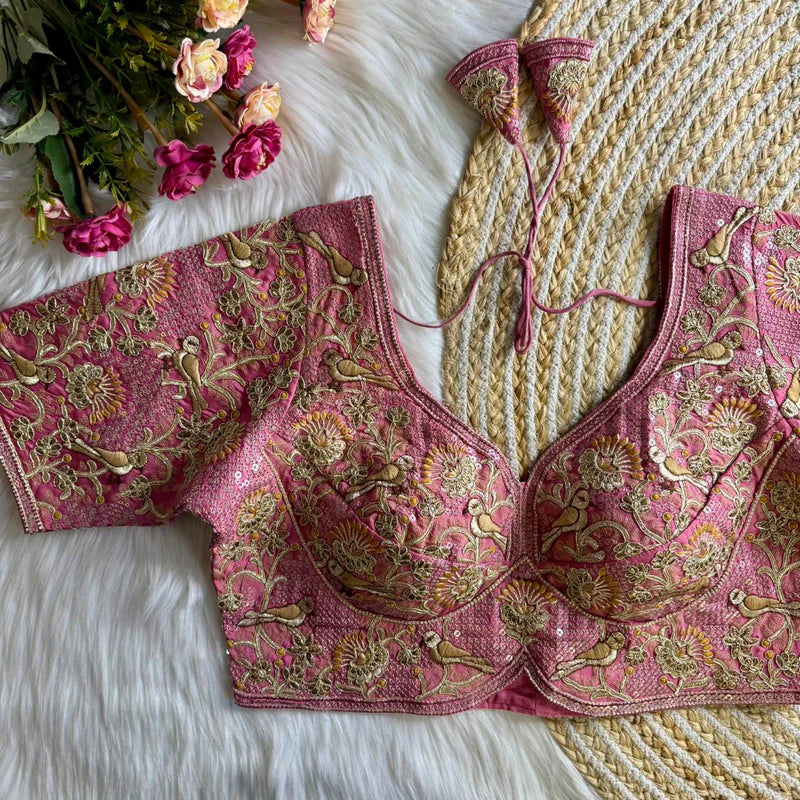 Peach Glow Luxury Bird Motif Bridal Blouse  Roman Silk Designer Wedding Wear