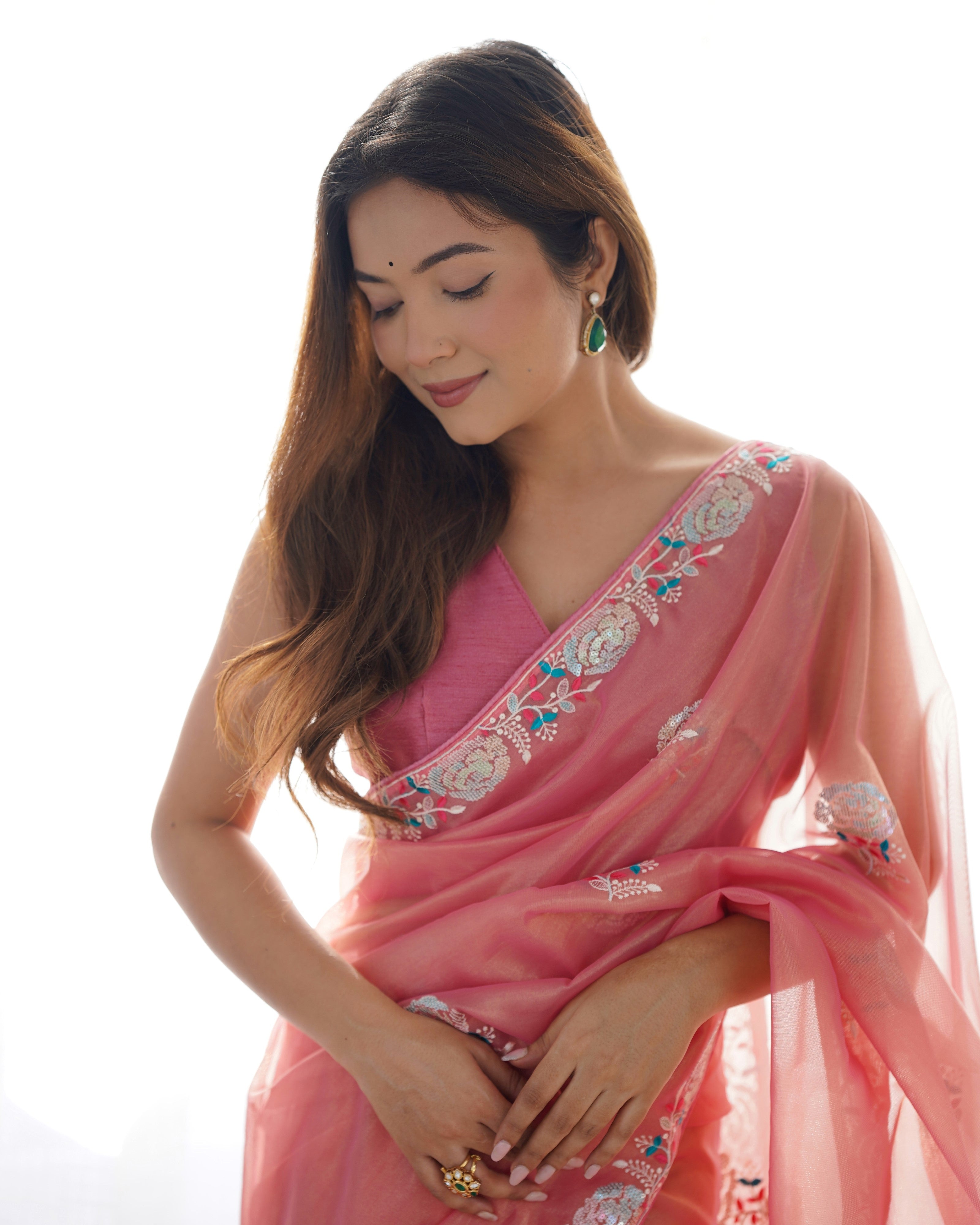 Peach Gold Twill Net Fancy Partywear Embroidered Saree