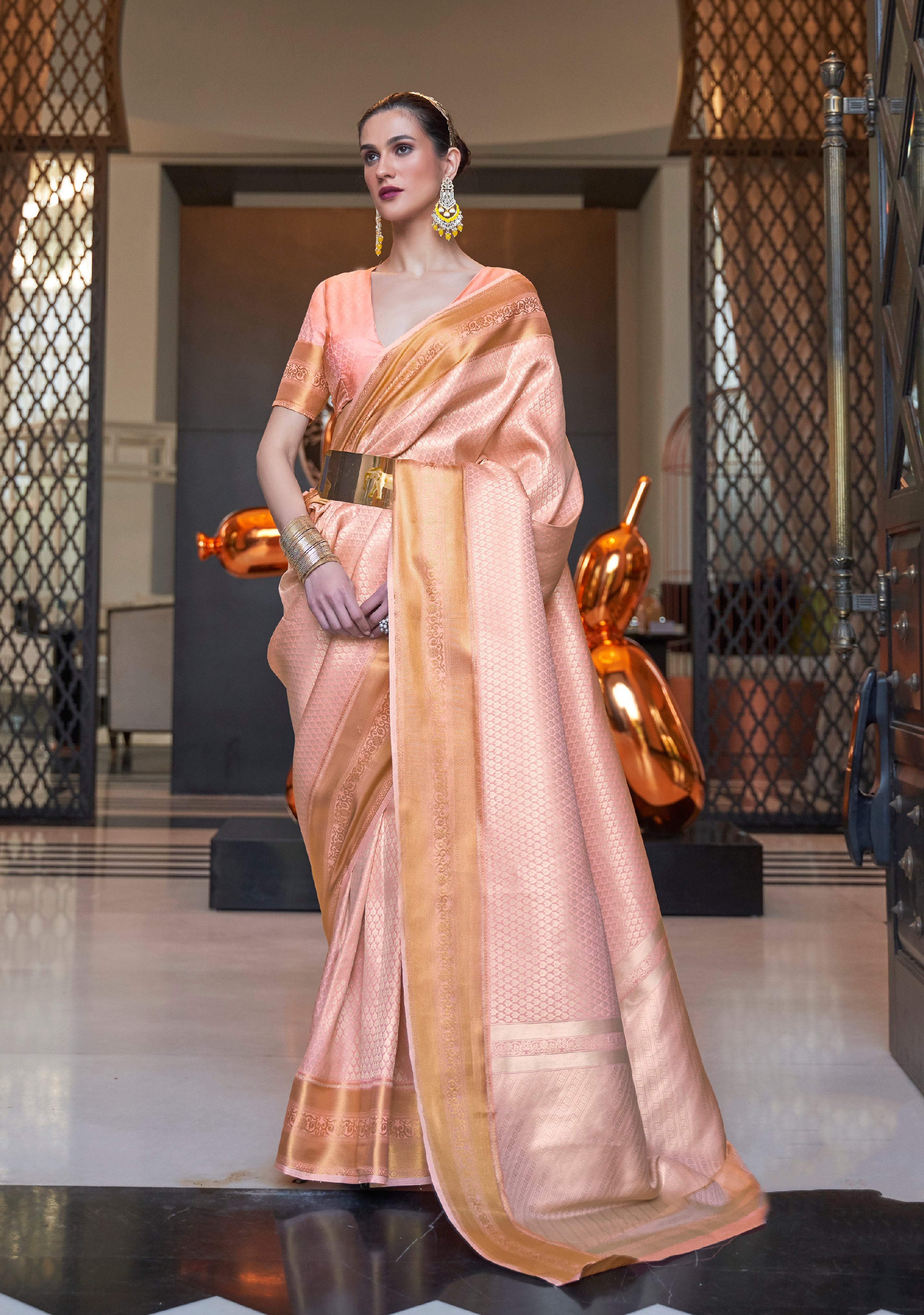 Peach Handloom Silk Saree with  Woven Work