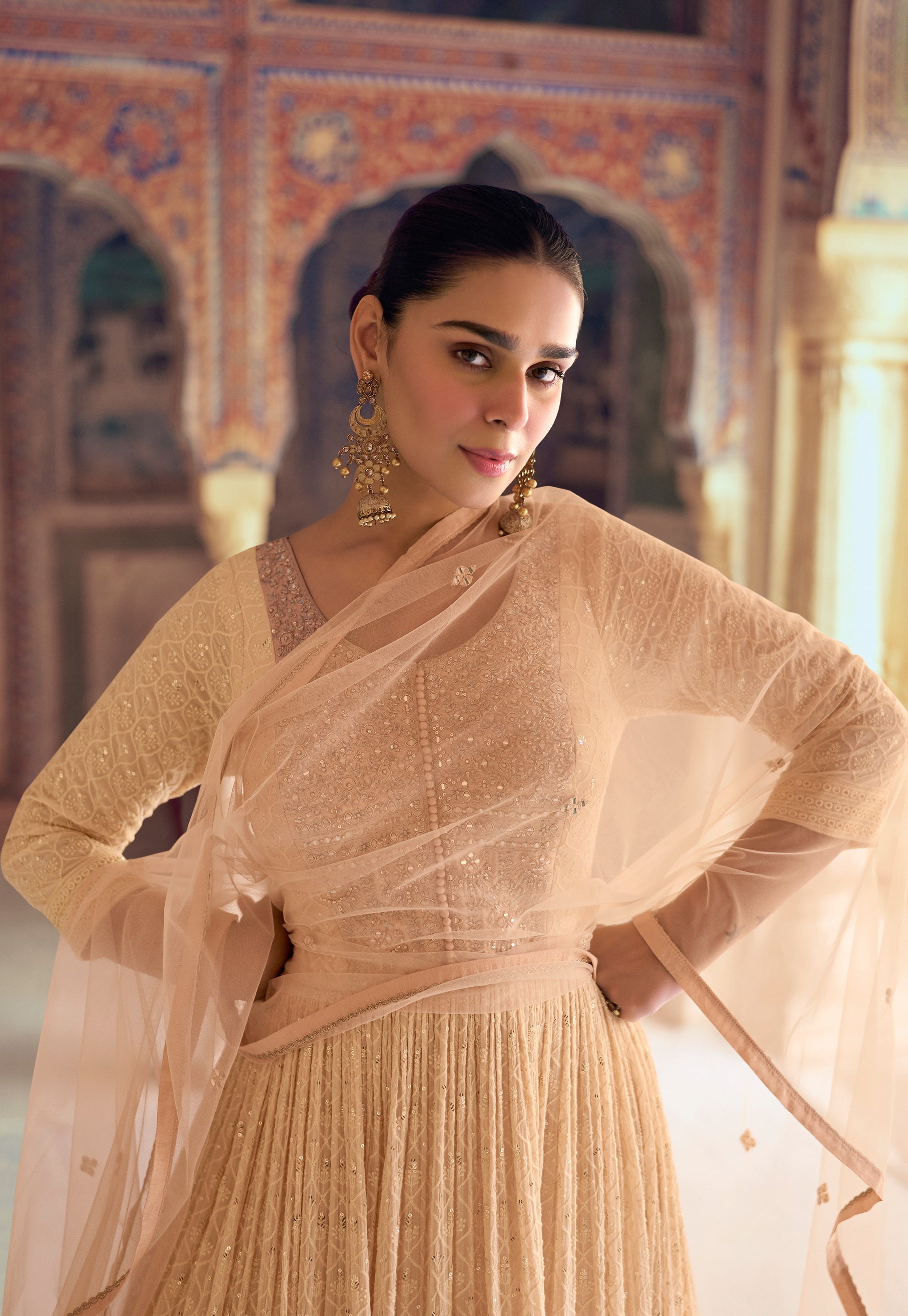 Peach Heavy Designer Suit With Heavy Embroidery Work