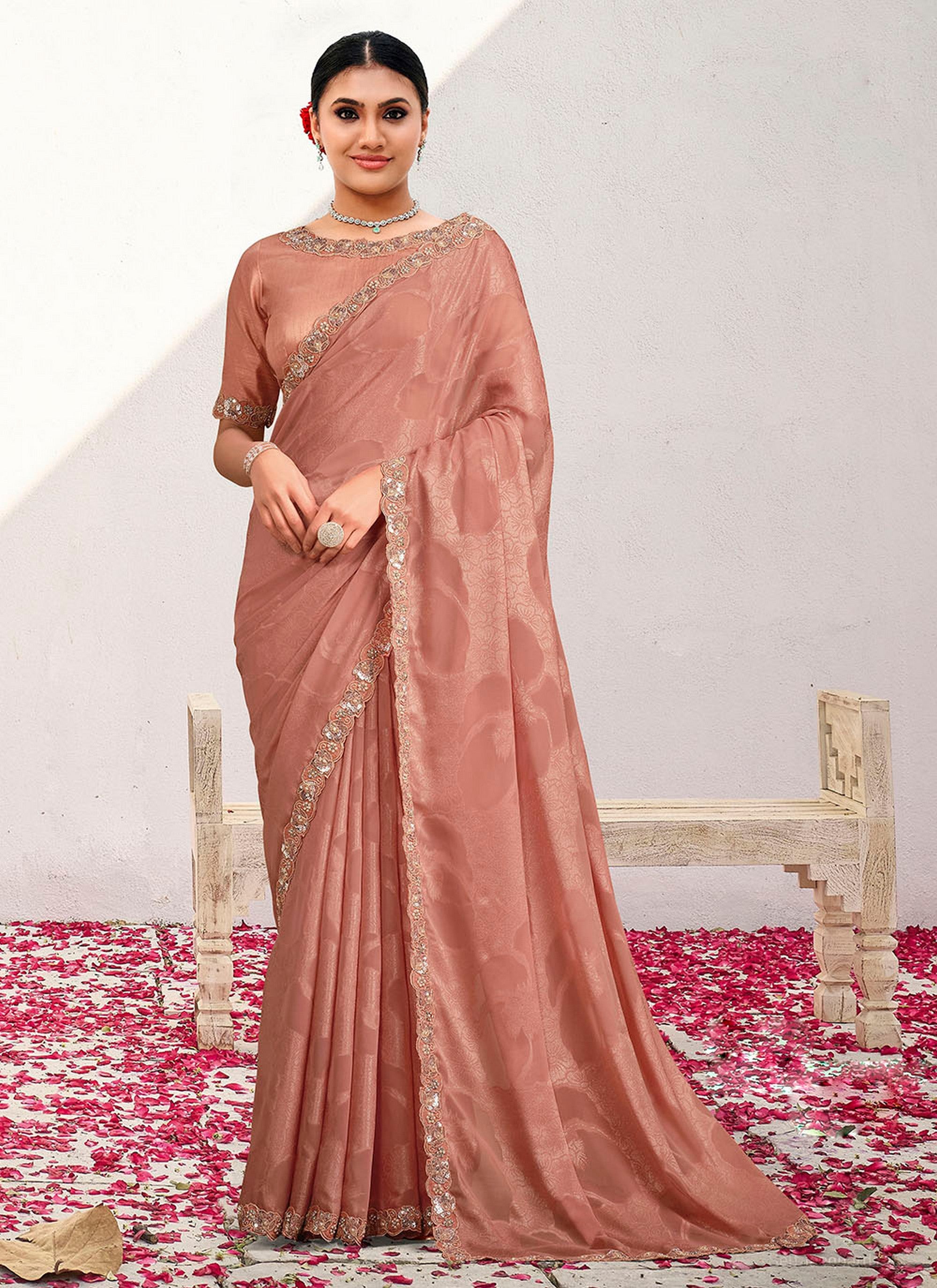 Peach Jaquard Georgette Heavy Embroidery Work Wedding Wear Saree