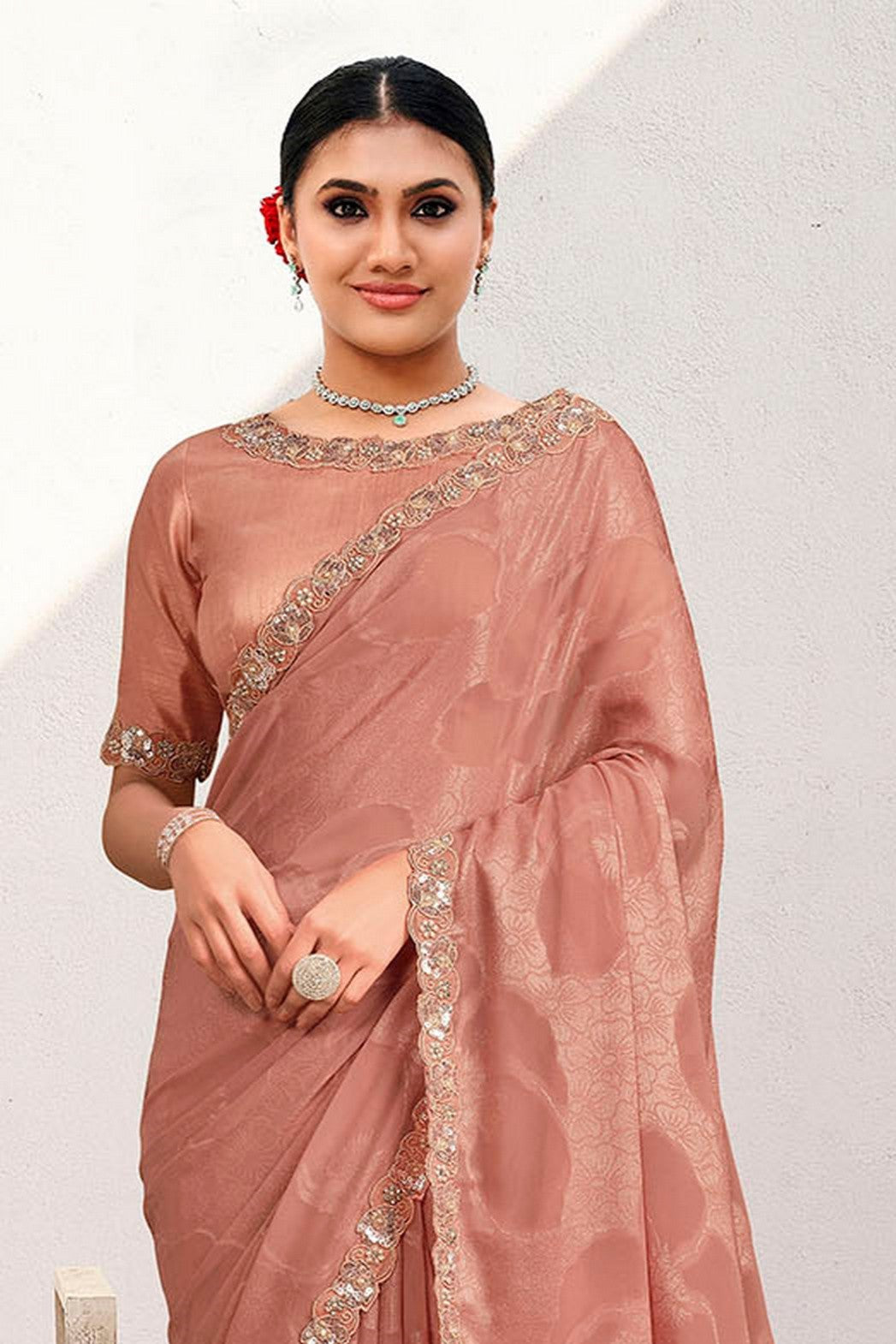 Peach Jaquard Georgette Heavy Embroidery Work Wedding Wear Saree
