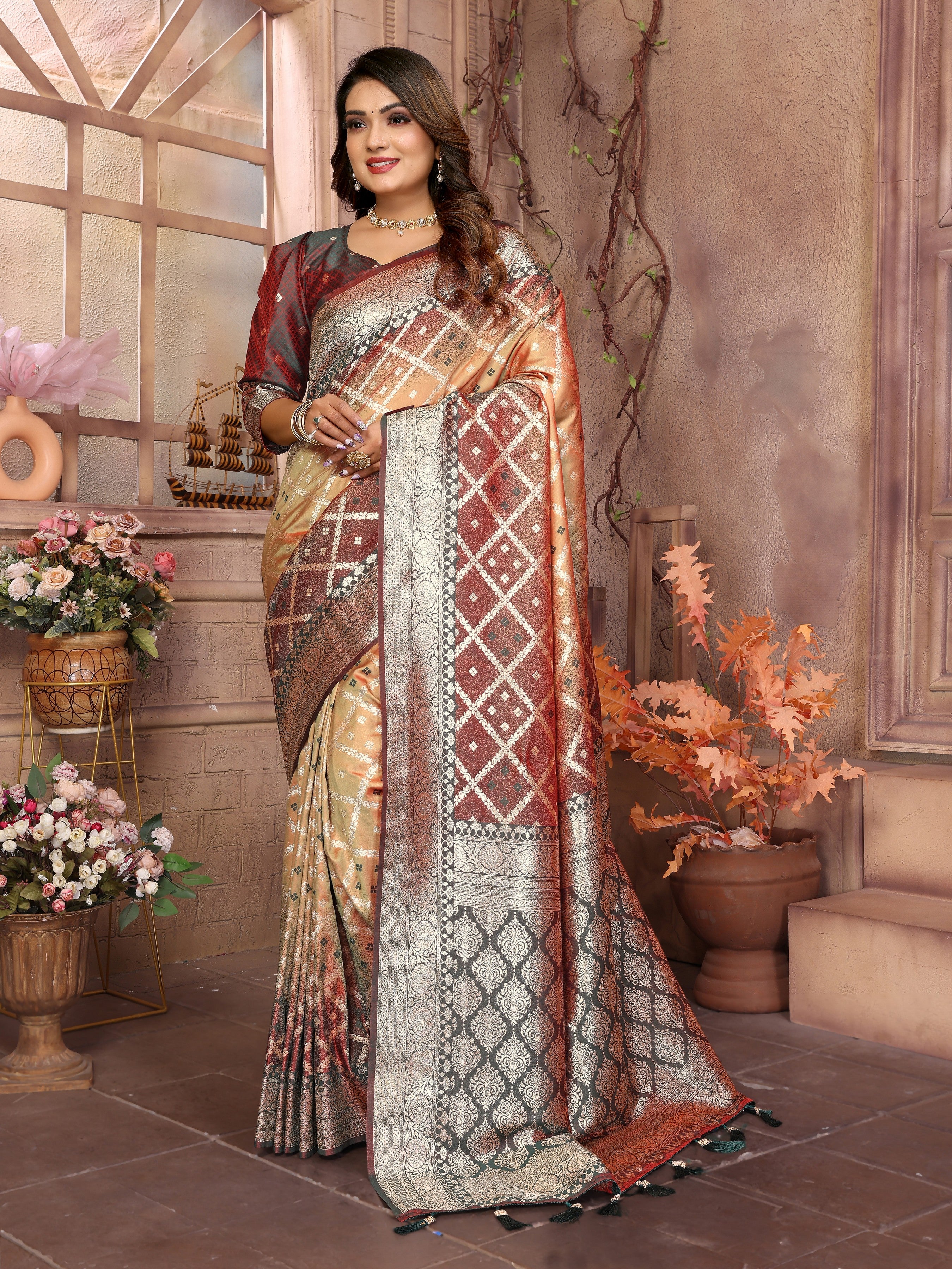 Peach Kochi Silk Designer Ethnic Looks Party Saree
