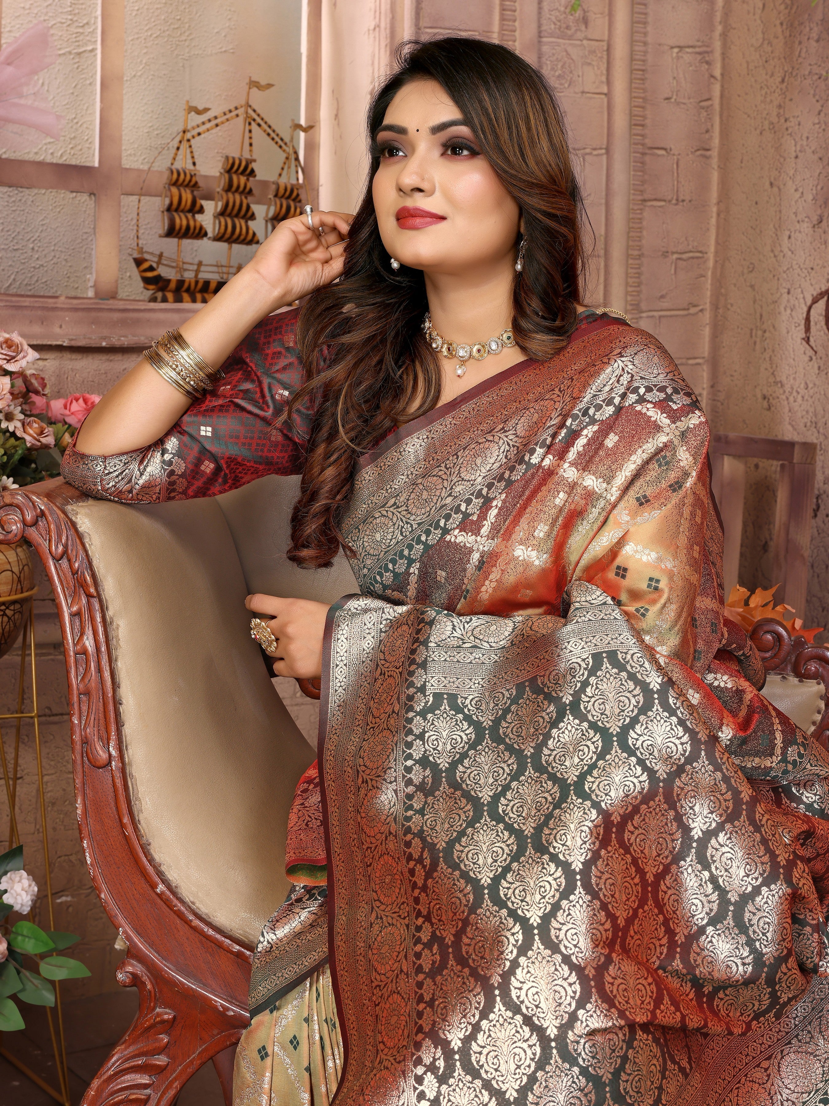 Peach Kochi Silk Designer Ethnic Looks Party Saree