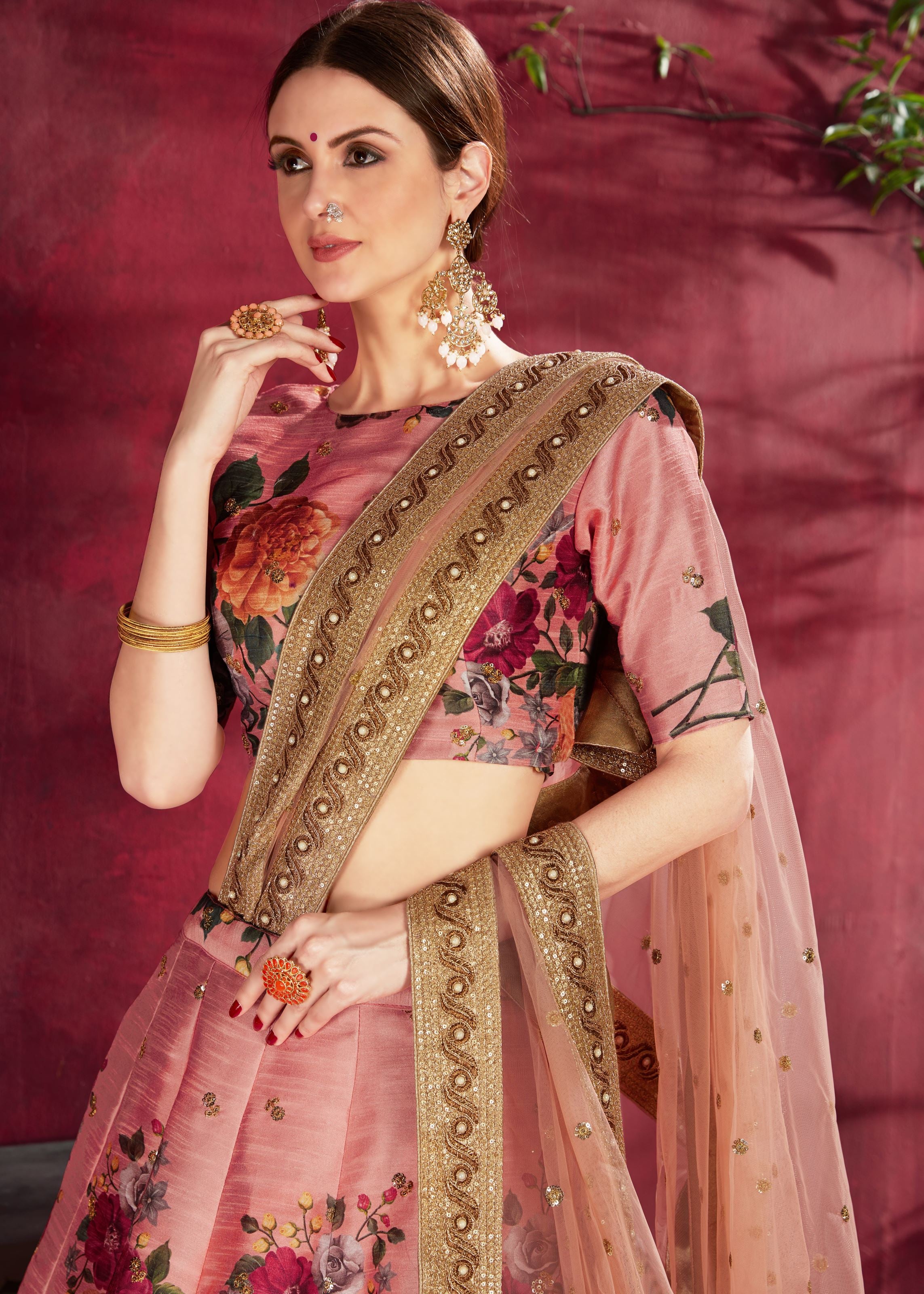 Peach Lehenga Choli With Floral Print, Dori, Zari And Sequins Embroidery