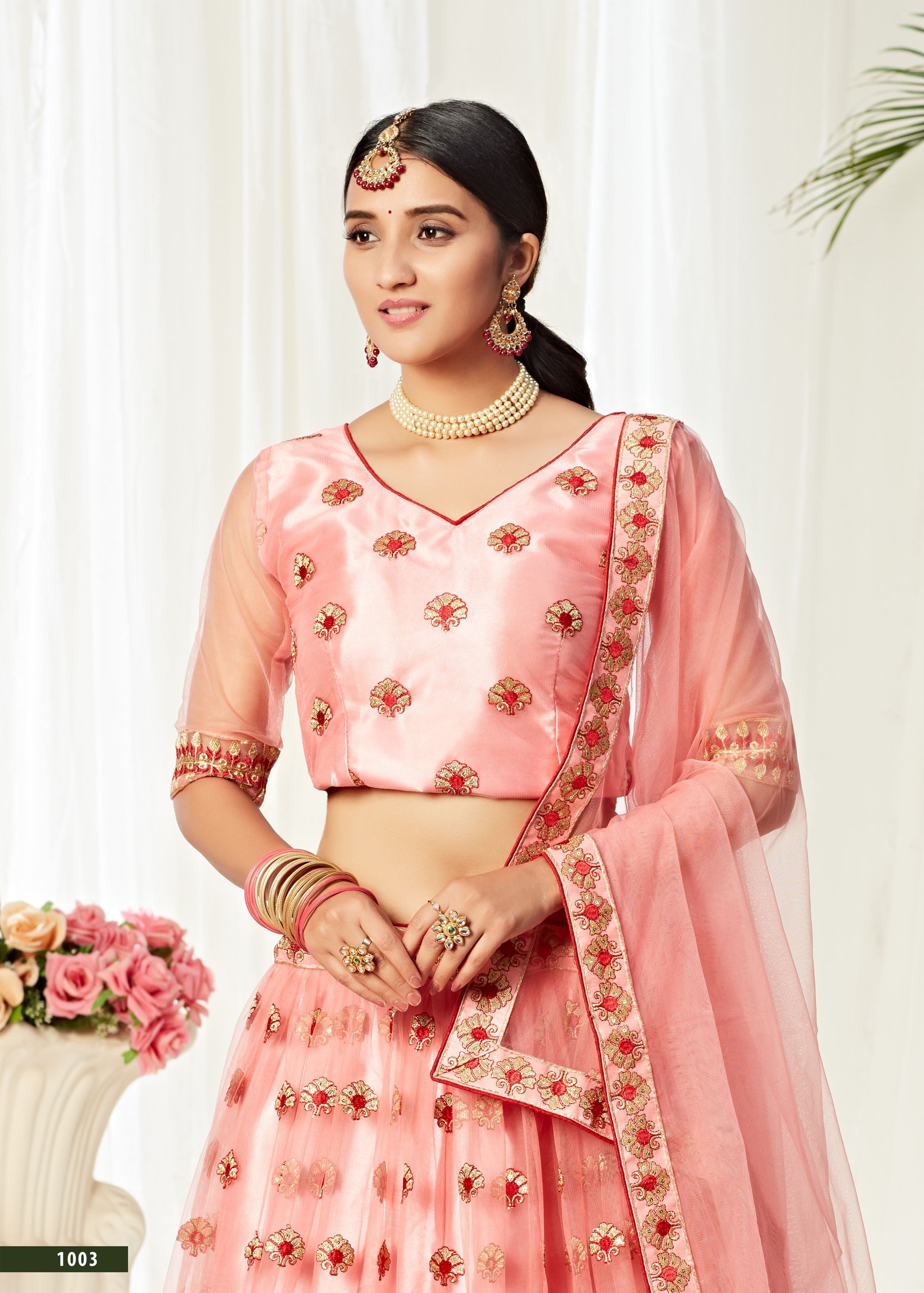 Peach Lehenga Choli With Sequins And Thread Embroidered Work