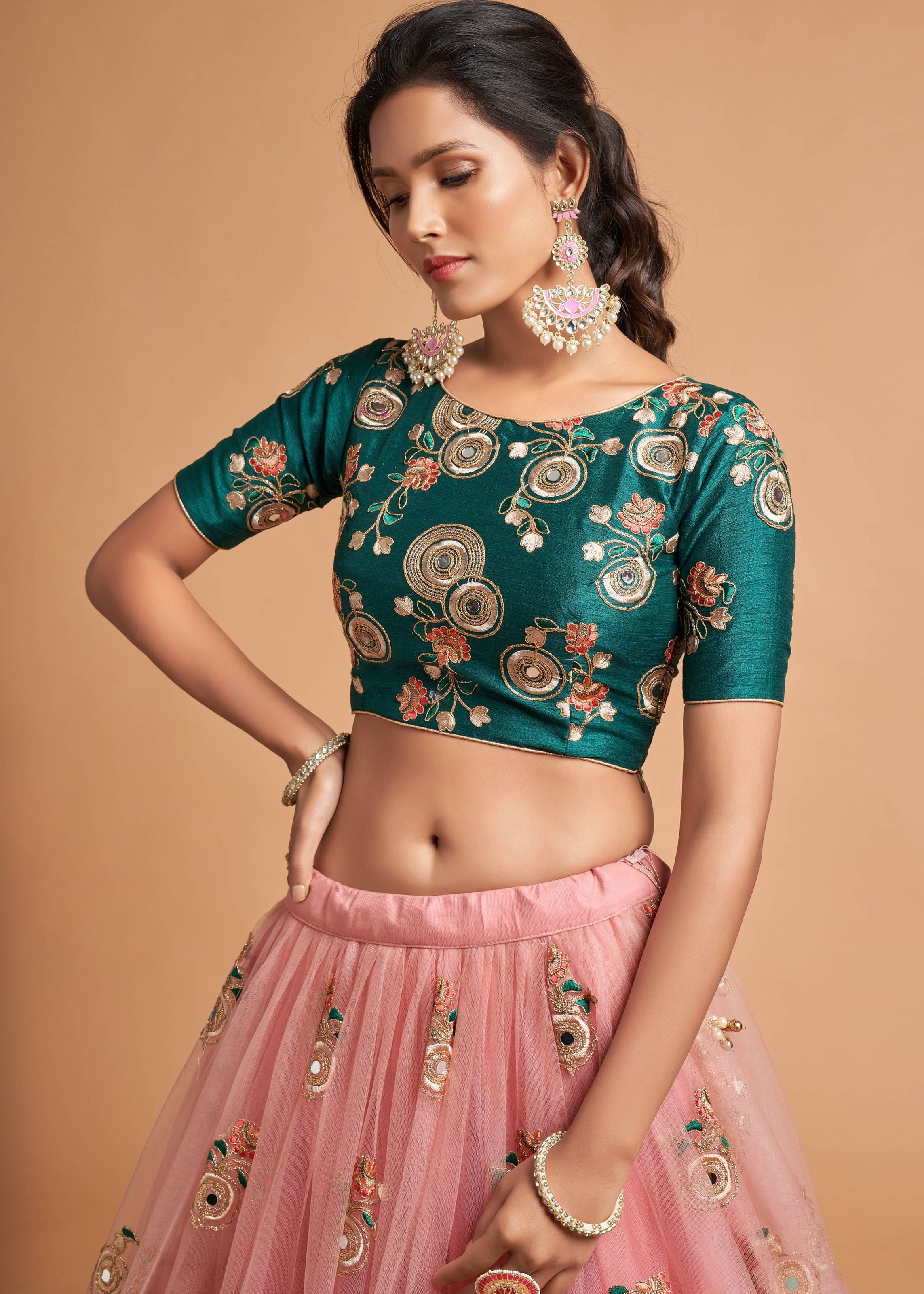 Peach Lehenga Choli With Thread, Zari, Dori And Sequins Embroidery Work