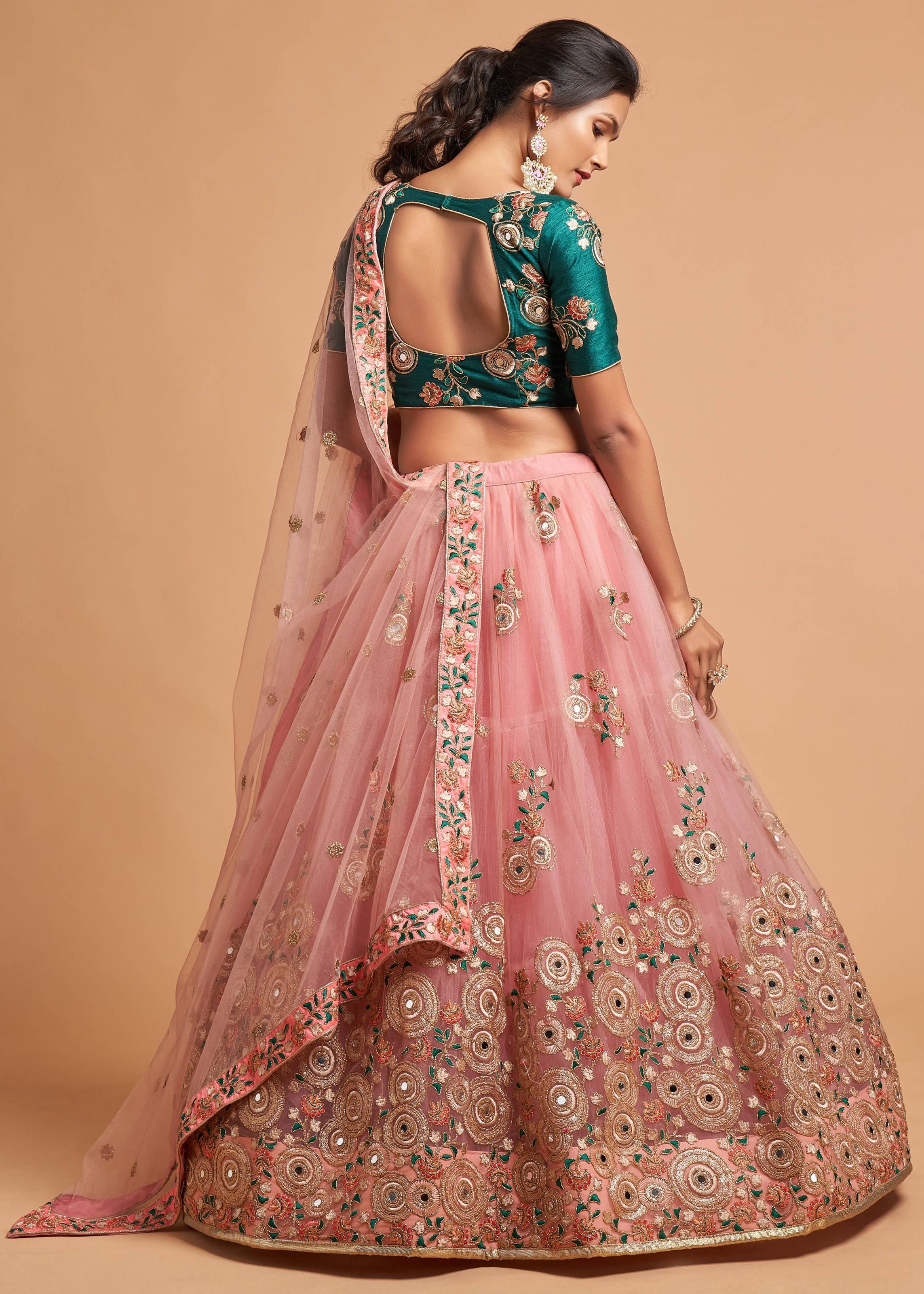 Peach Lehenga Choli With Thread, Zari, Dori And Sequins Embroidery Work