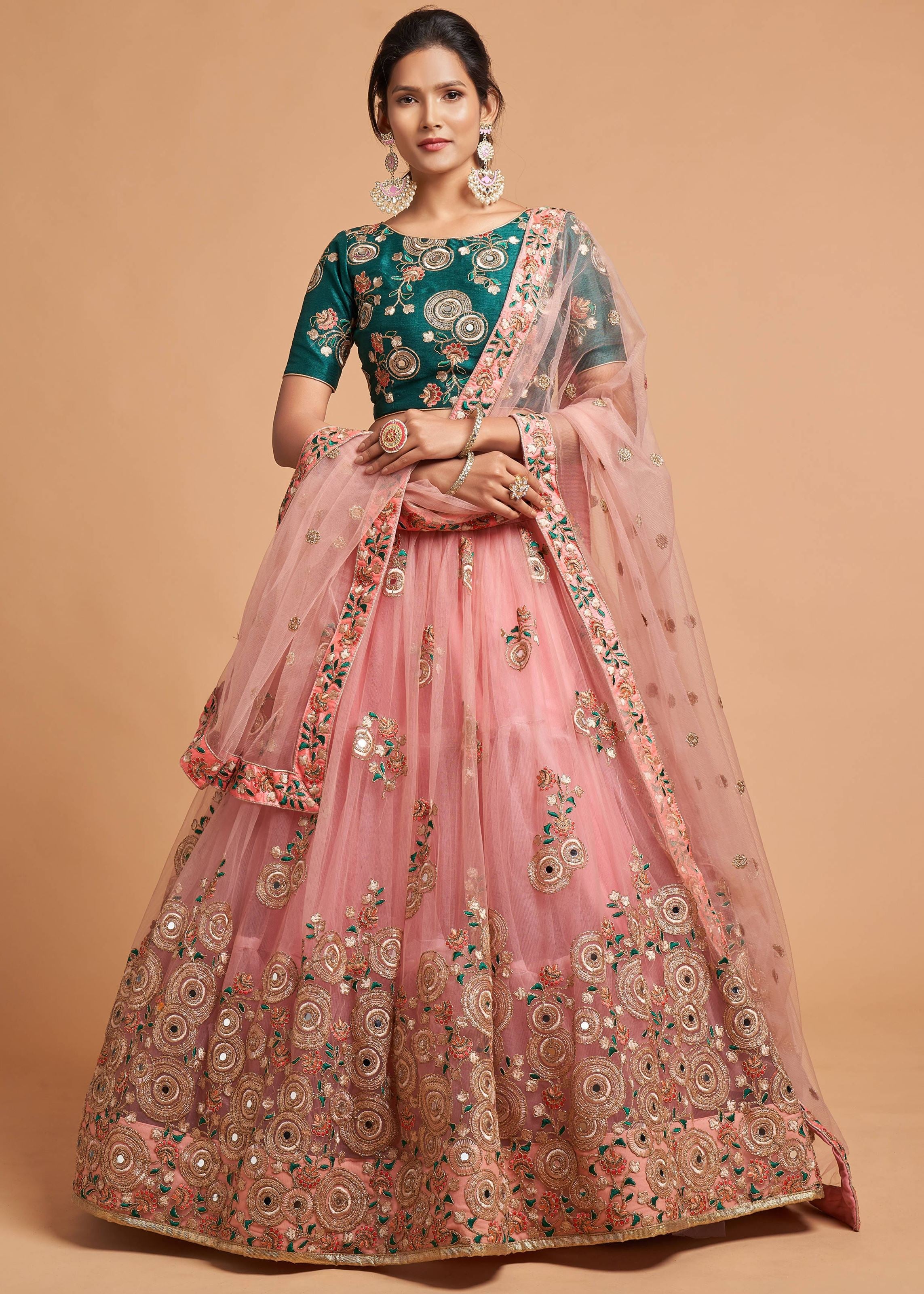 Peach Lehenga Choli With Thread, Zari, Dori And Sequins Embroidery Work