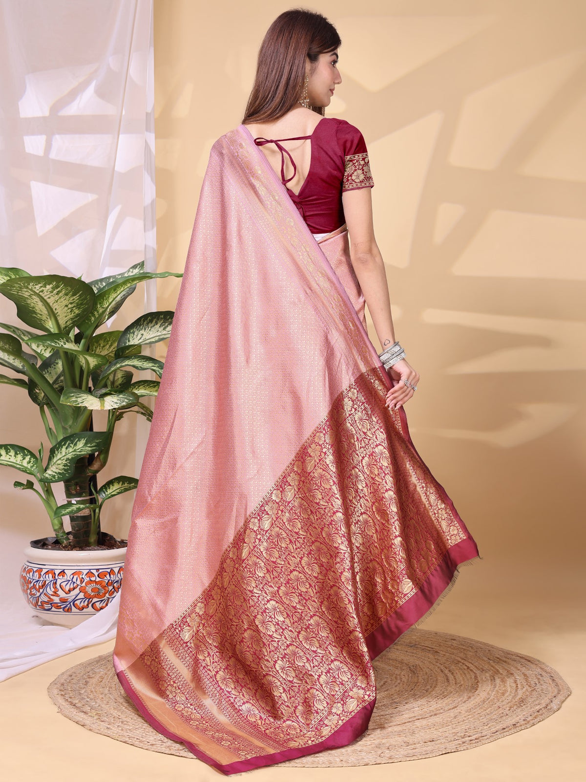 Peach Lichi Silk Saree With Classic Weaving