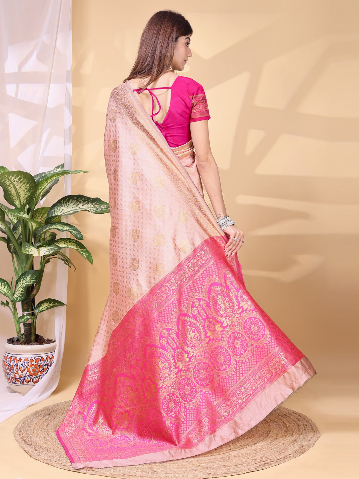 Peach Lichi Silk Saree With Premium Weaving