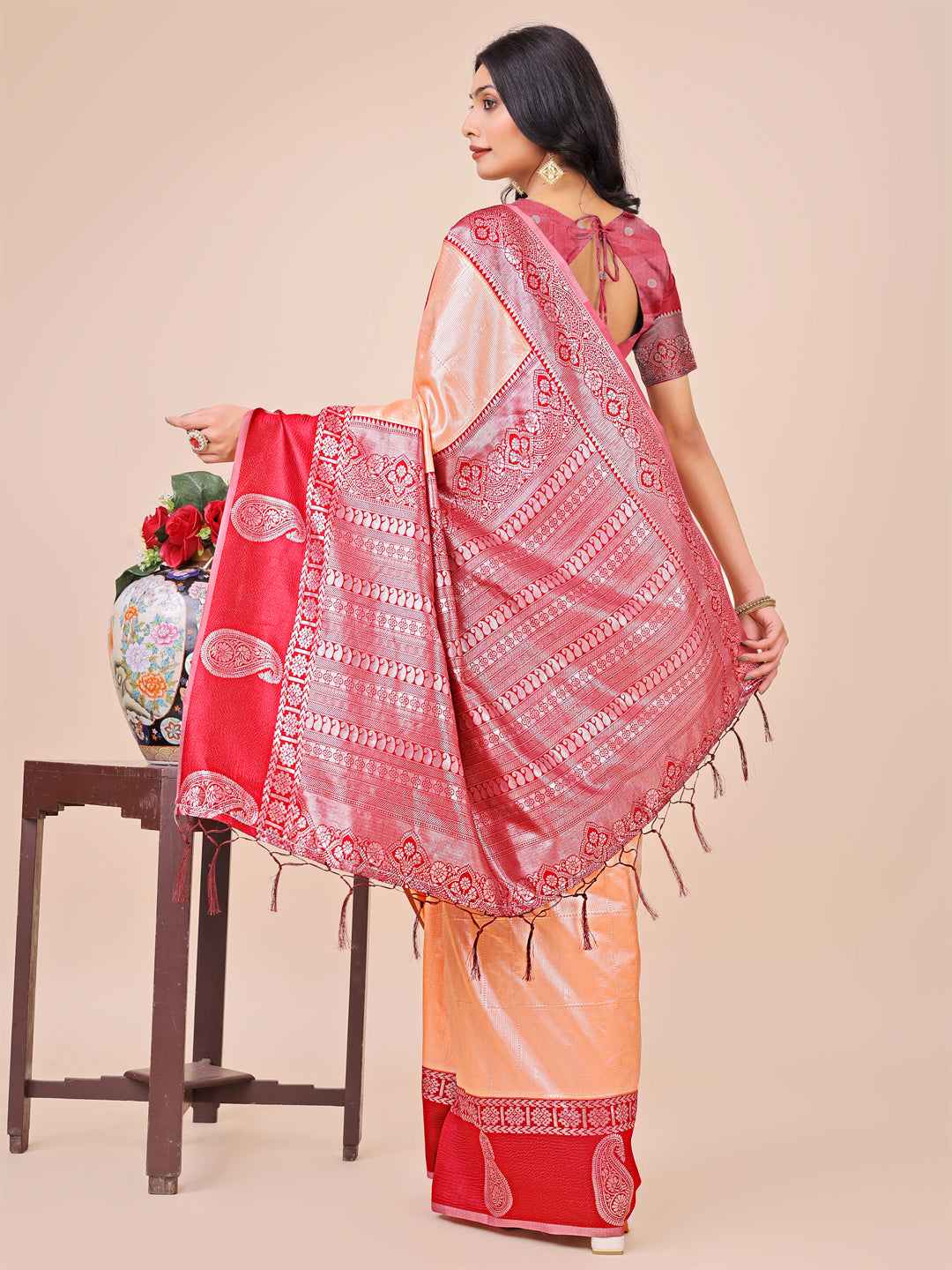 Peach Lichi Silk Woven Designer Festive Graceful Saree