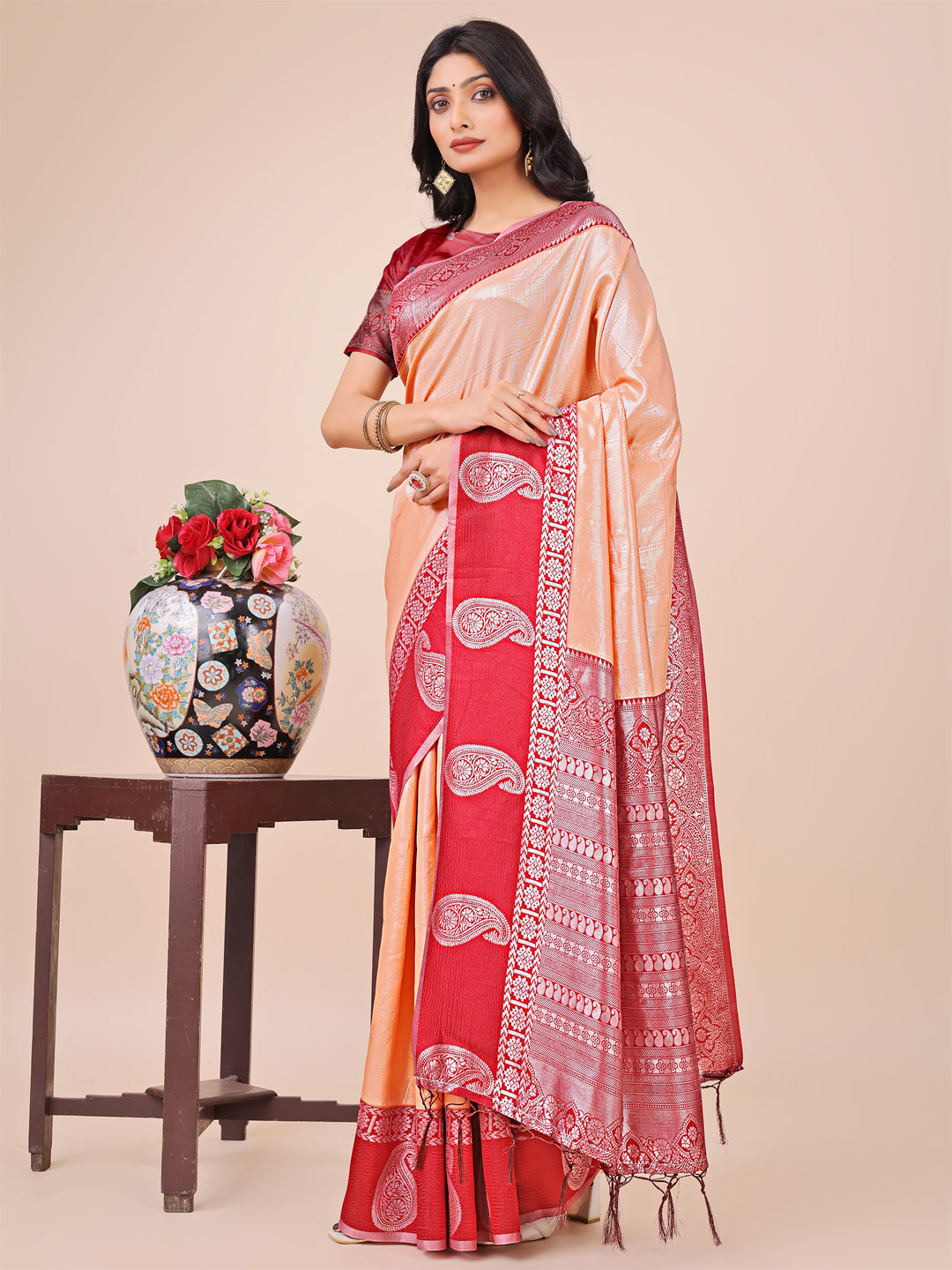 Peach Lichi Silk Woven Designer Festive Graceful Saree