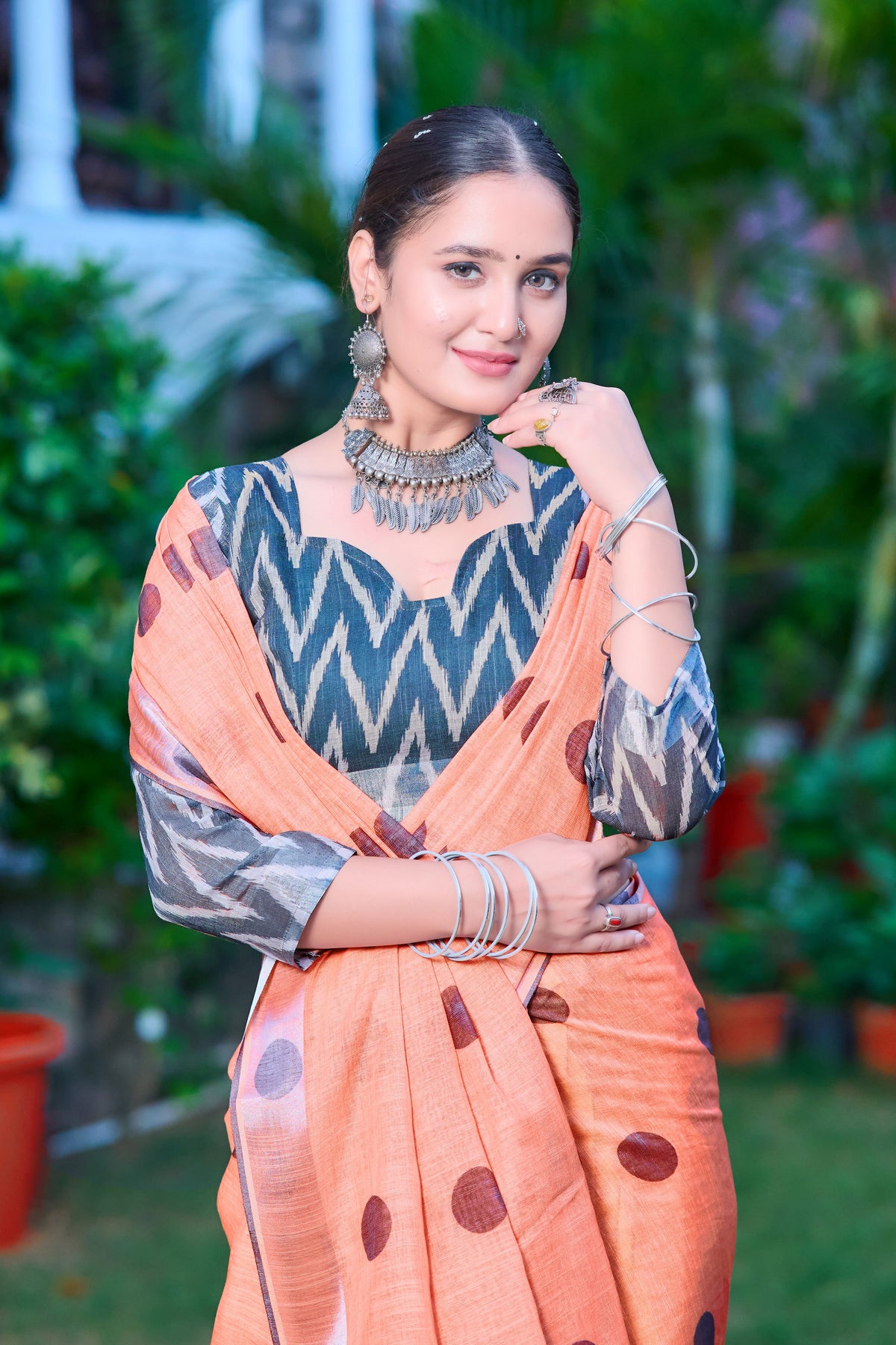 Peach Linen Cotton Designer Printed Ethnic Festive Saree