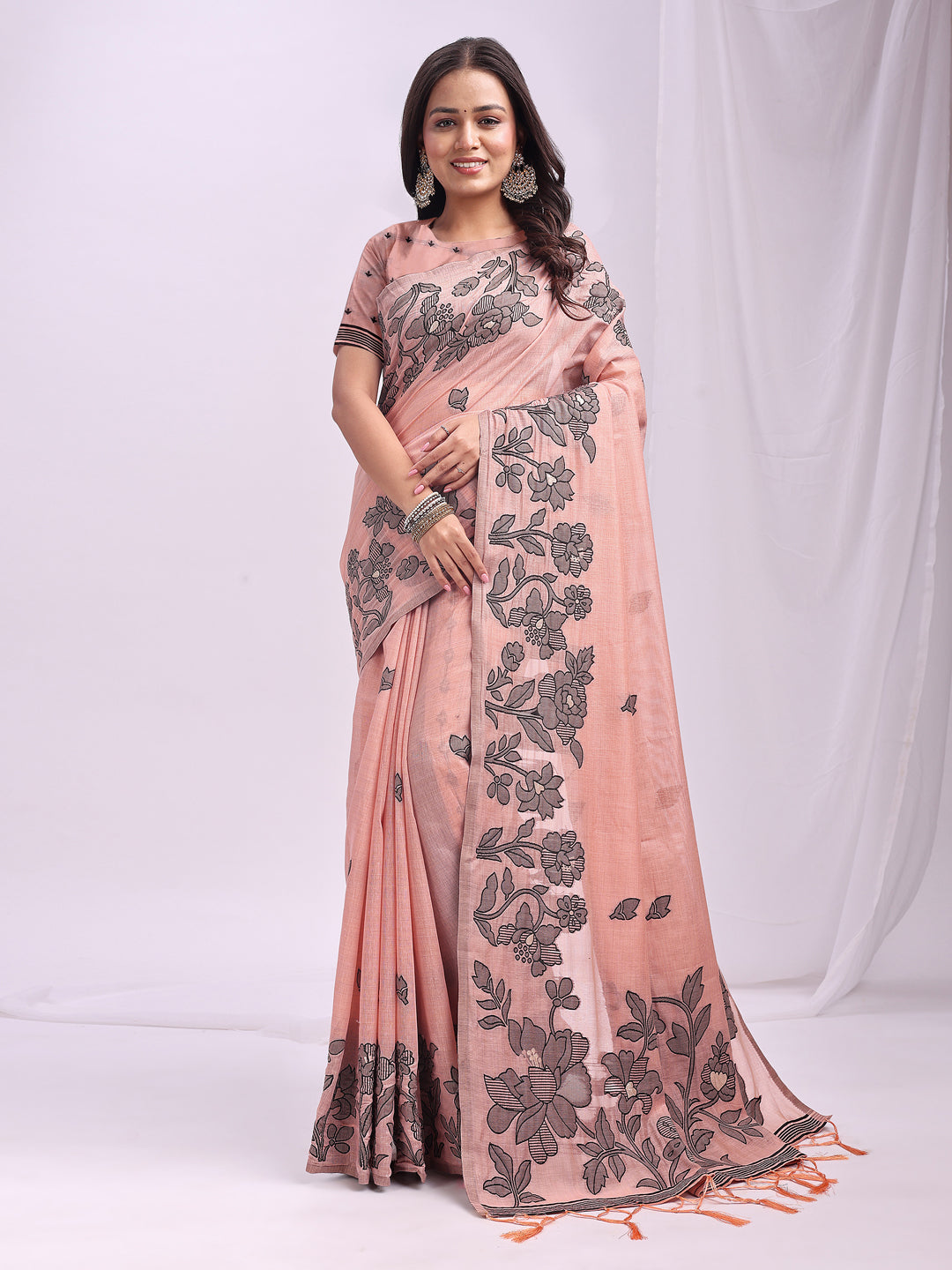 Peach Linen Cotton Woven Thread Designer Festive Sophisticated Saree