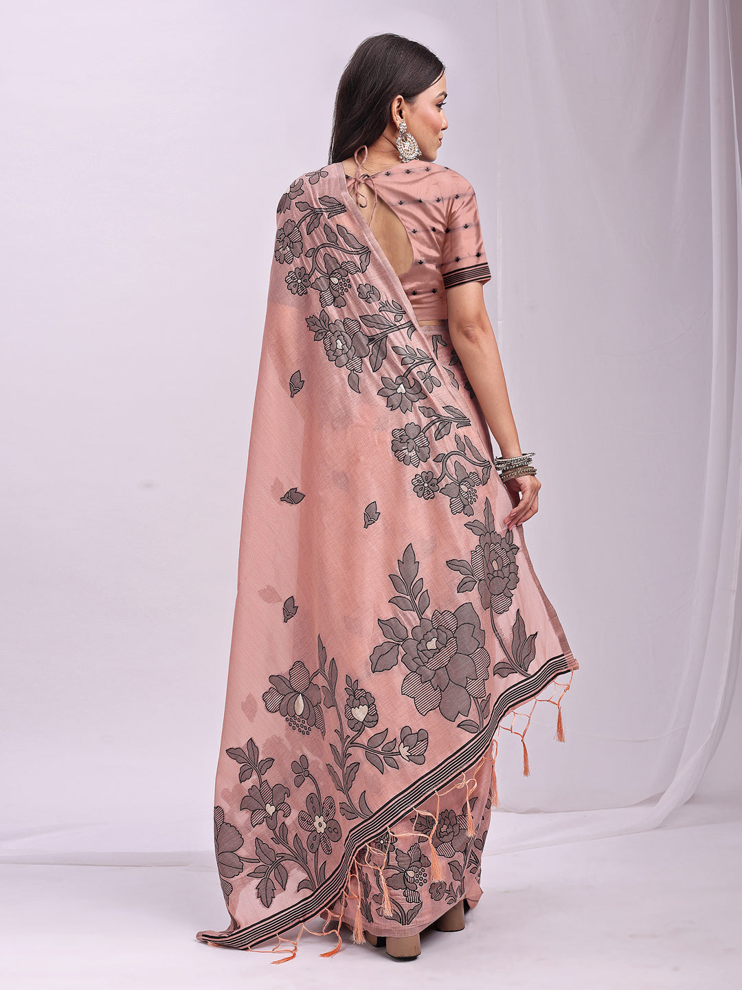 Peach Linen Cotton Woven Thread Designer Festive Sophisticated Saree