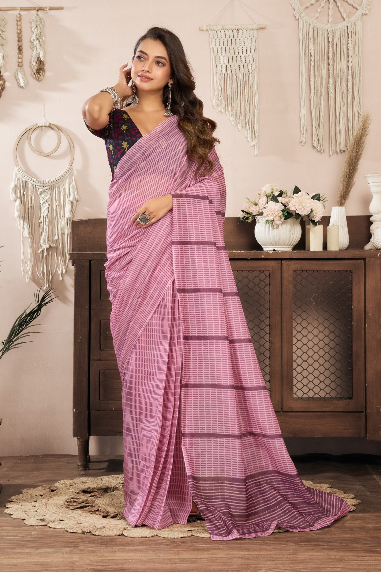 Peach Linen Ready To Wear Saree With Zari Border Printed